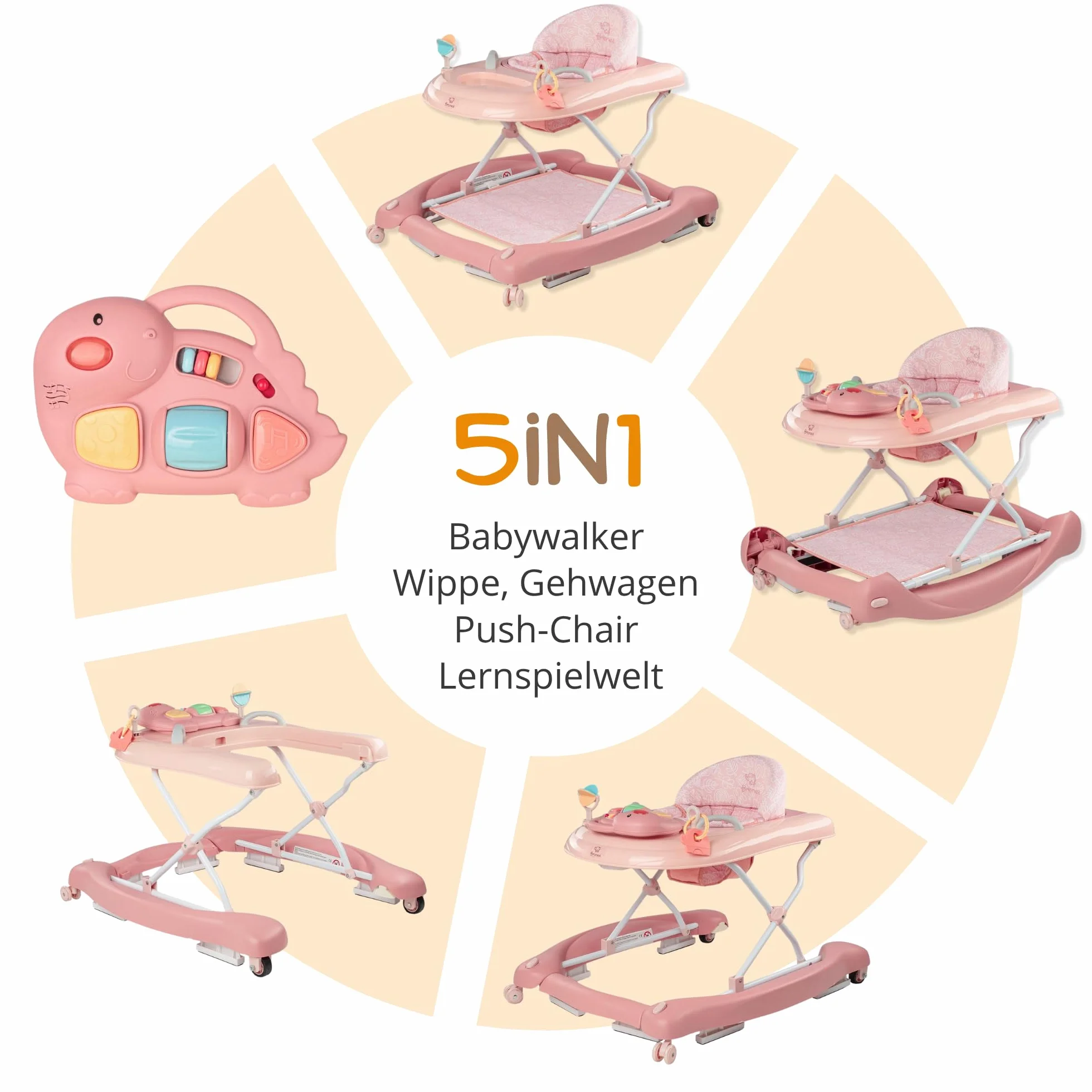5 w 1 Baby Walker chodzik z funkcją kołysania, muzyka i światło, pomoc w chodzeniu dla dzieci od 6 miesięcy, regulacja wysokości, składany, różowy