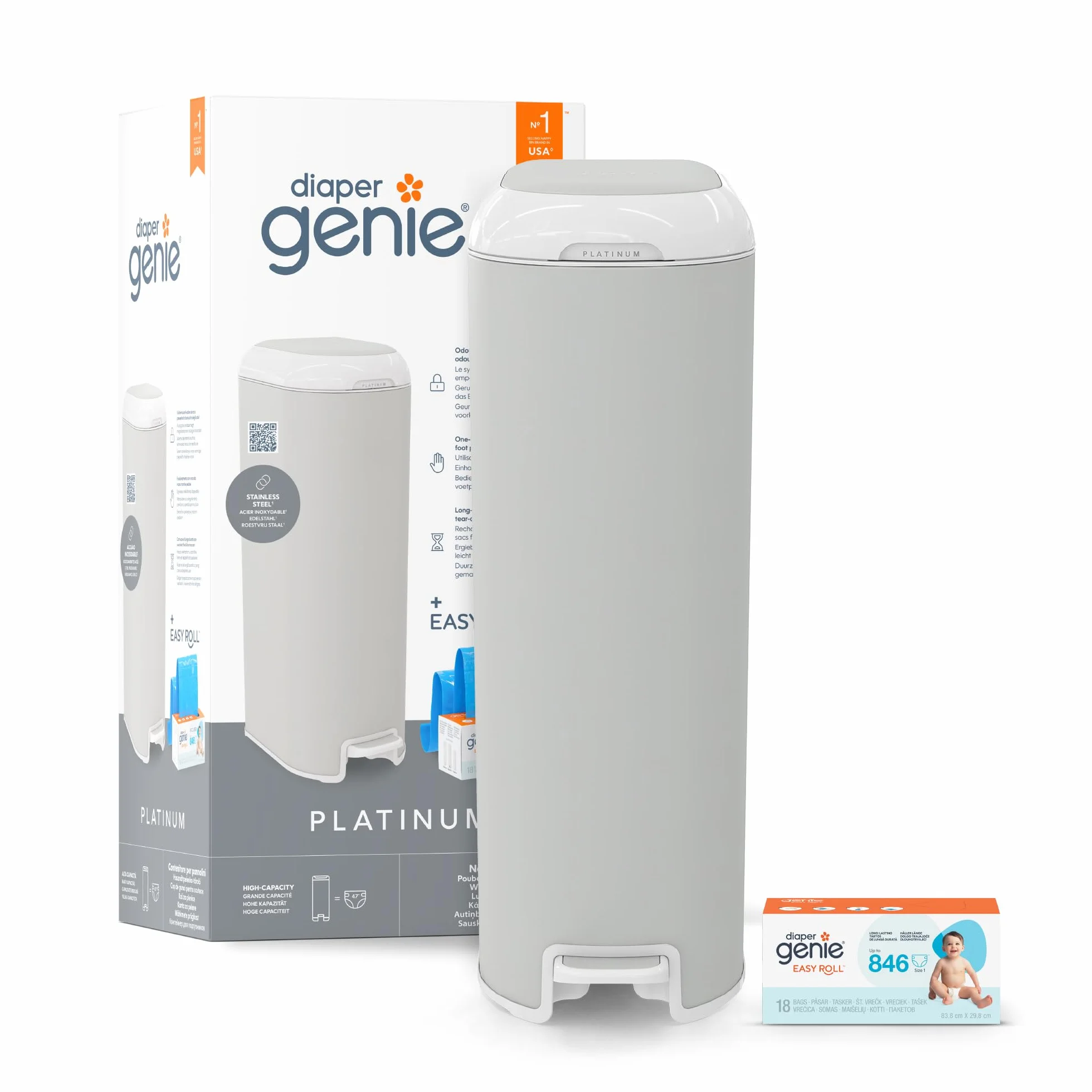 Diaper Genie Diaper Genie Platinum szary kosz na pieluchy z 1 wkładem Easy Roll 18 worków
