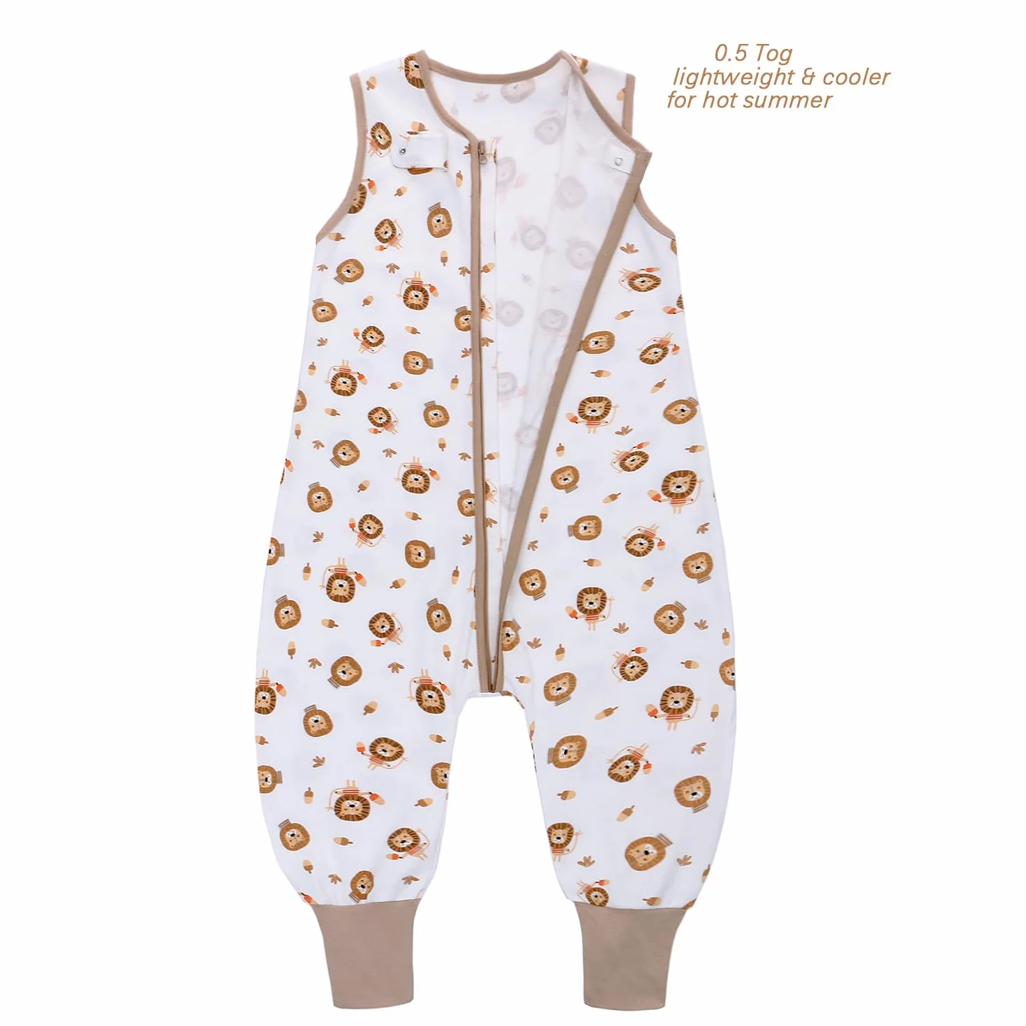 Miracle Baby Śpiwór letni z nogami, 0,5 tog, 100% bawełna, dla chłopców i dziewcząt (biały - lew, M/1-2T)