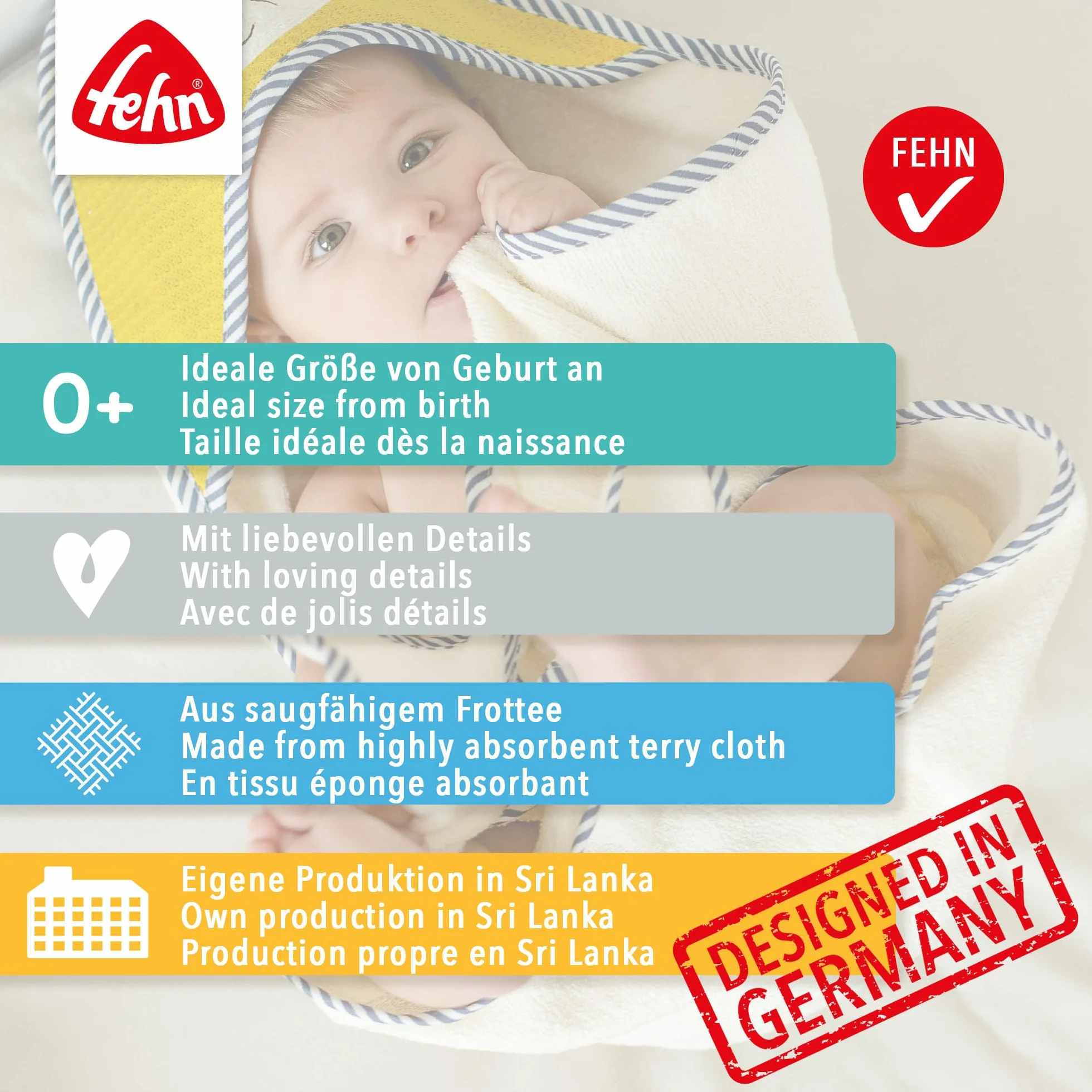 Fehn 397086 Ręcznik Kąpielowy Z Kapturem Babylove Dla Niemowląt Od 0 Miesięcy, 80 X 80 cm, Beżowy, Owca