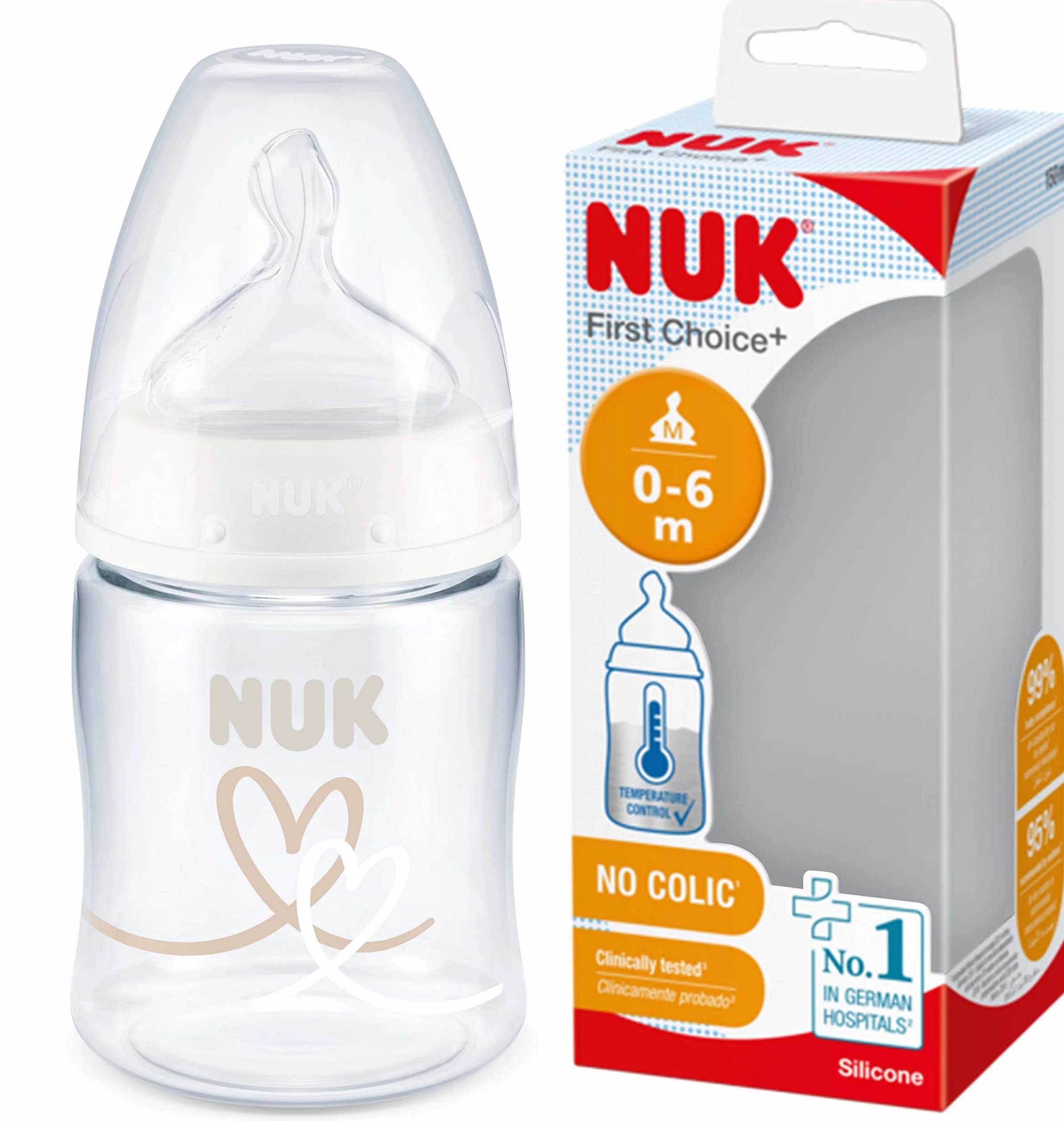 NUK First Choice+ butelka dla niemowląt, 0-6 miesięcy, kontrola temperatury, silikonowy smoczek, zawór antykolkowy, bez BPA, 150 ml