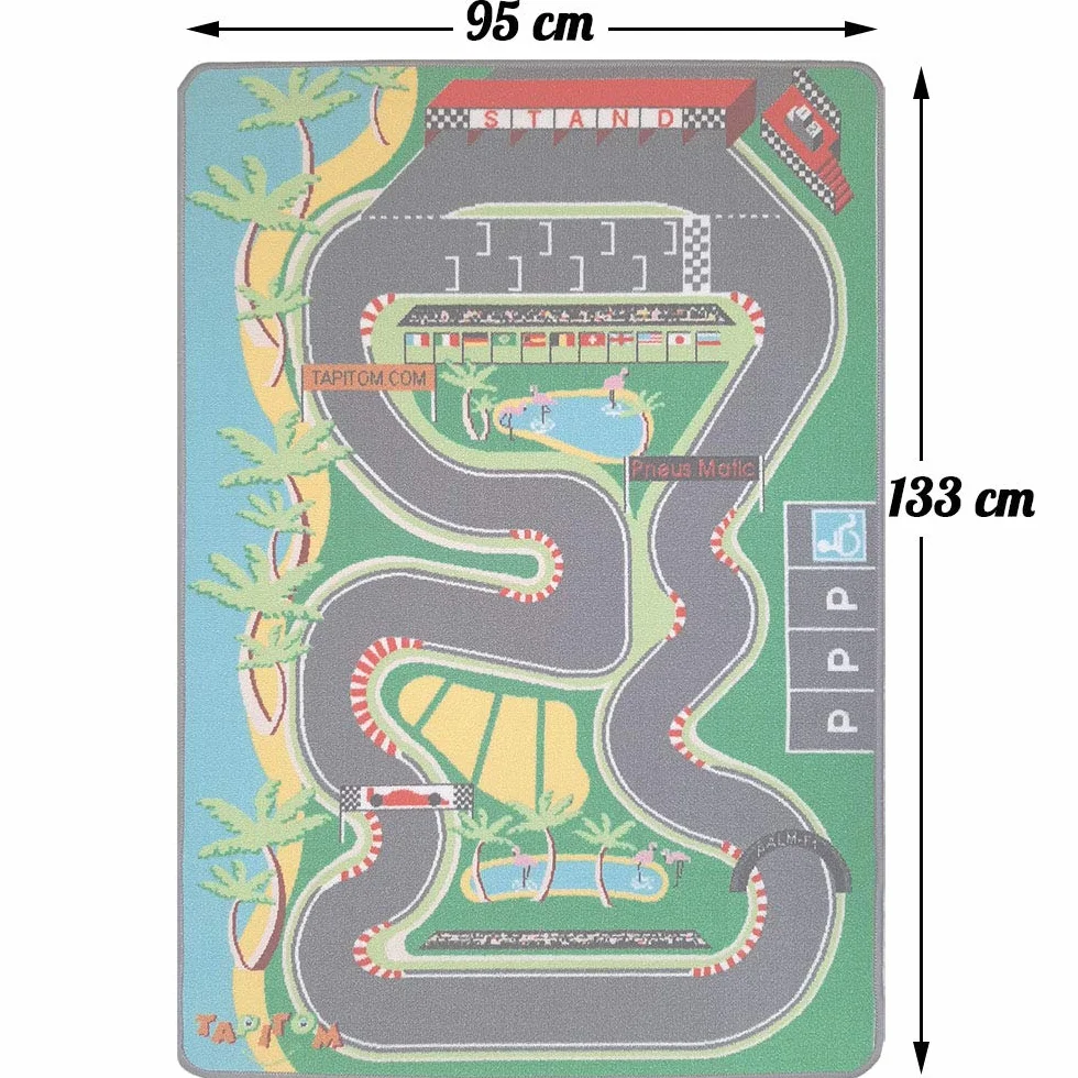 Dywan dziecięcy F1 Circuit - 95 x 133 cm | Obwód samochodowy Playmat | Mata podłogowa dla dzieci Formula 1 Univers Route | antypoślizgowe, obszycie, norma CE