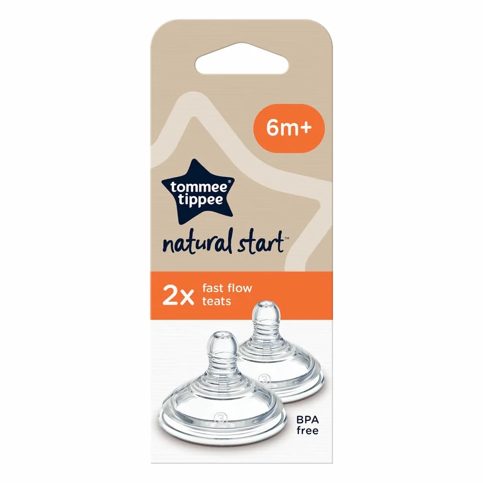 Tommee Tippee Closer to Nature smoczek do butelek z efektem piersi, antykolkowy zawór miękki, silikonowy, szybki przepływ 6 m+, 2 szt