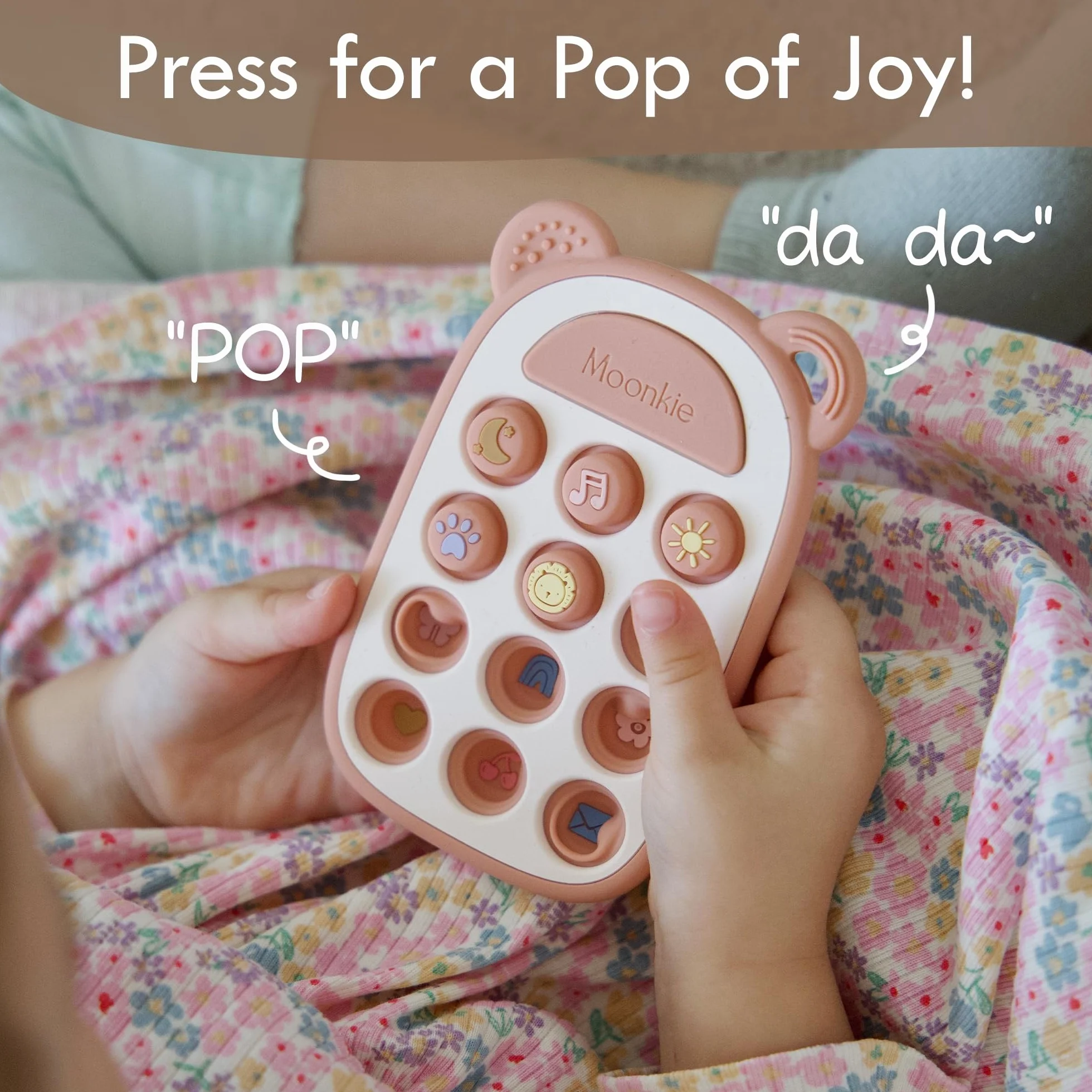 Moonkie Zabawka Ząbkowana dla Niemowląt, Silikonowy Telefon Gryzak, Pop Fidget It Toy, Zabawka do Gryzienia dla Dzieci 3 Miesięcy+, nie Zawiera BPA, Pomoc w Ząbkowaniu(Rumieniec)
