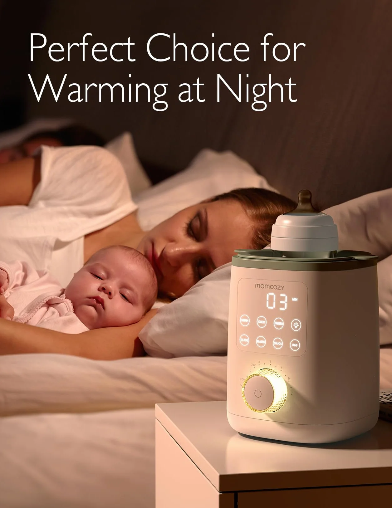 Momcozy Nutri, ogrzewacz do butelek dla niemowląt 9 w 1 z lampką nocną, dokładna regulacja temperatury, utrzymuje składniki odżywcze w mleku matki, do wszystkich butelek z mlekiem matki lub mieszanki