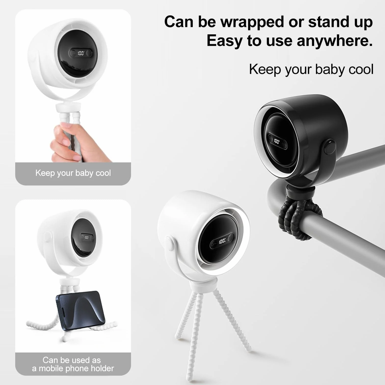 Stroller Fan, Portable Fan, 100 Speed Settings Rechargeable Ventilador with Night Light for Travel, Camping, Desk, Beach, 12.8x6.57 Inches, White, Black