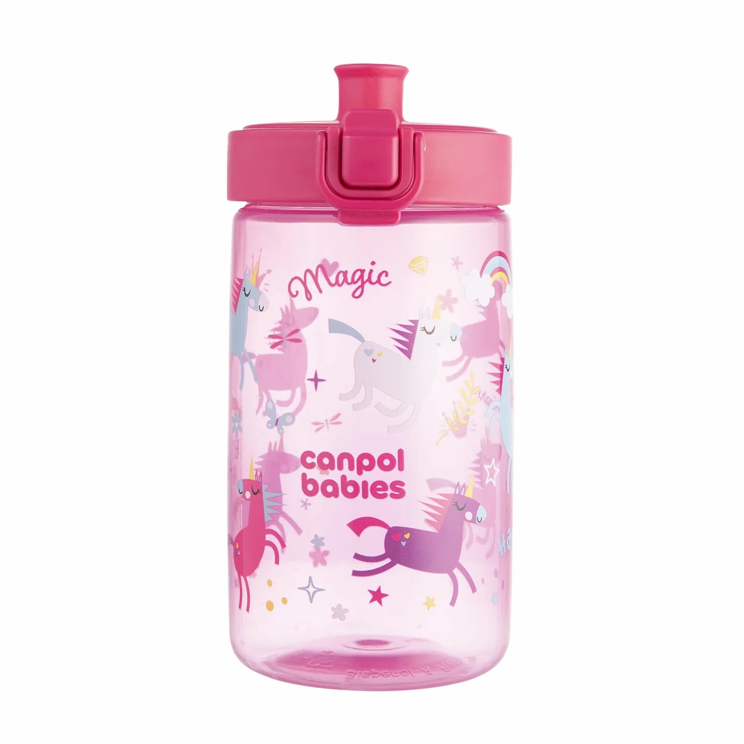 Canpol babies Bidon na wodę dla dzieci od 2,5 r.ż. Junior 400 ml Blokada przycisku, Wygodny do picia i mycia ustnik (Różowy)