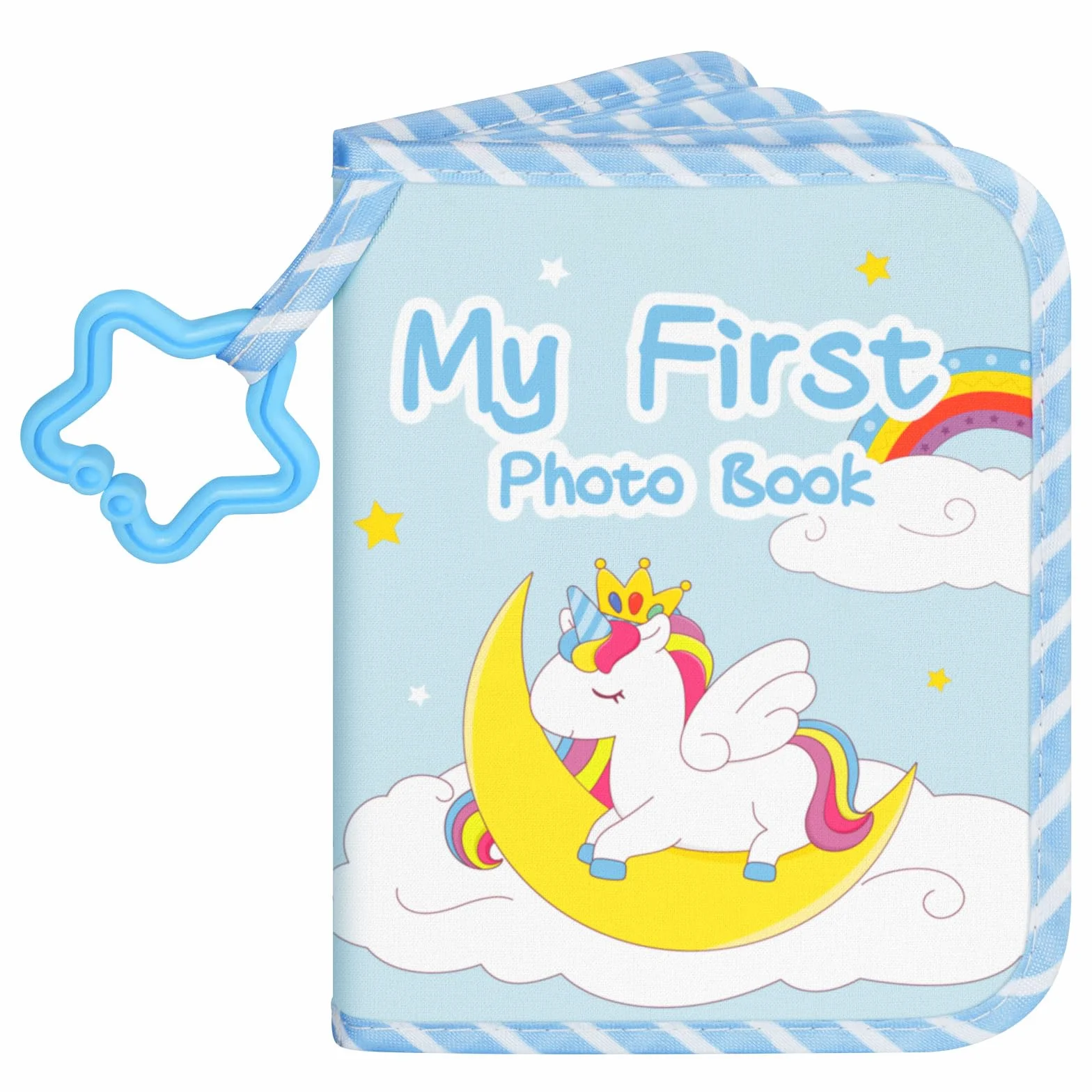 Lanpn Album na zdjęcia zawiera 17 zdjęć 10x15cm, Album Fotograficzny My First Miękka Książka Rodzinna z naklejkami na kartę z imieniem prezent na baby shower dzieci noworodki (Jednorożec, Niebieski)