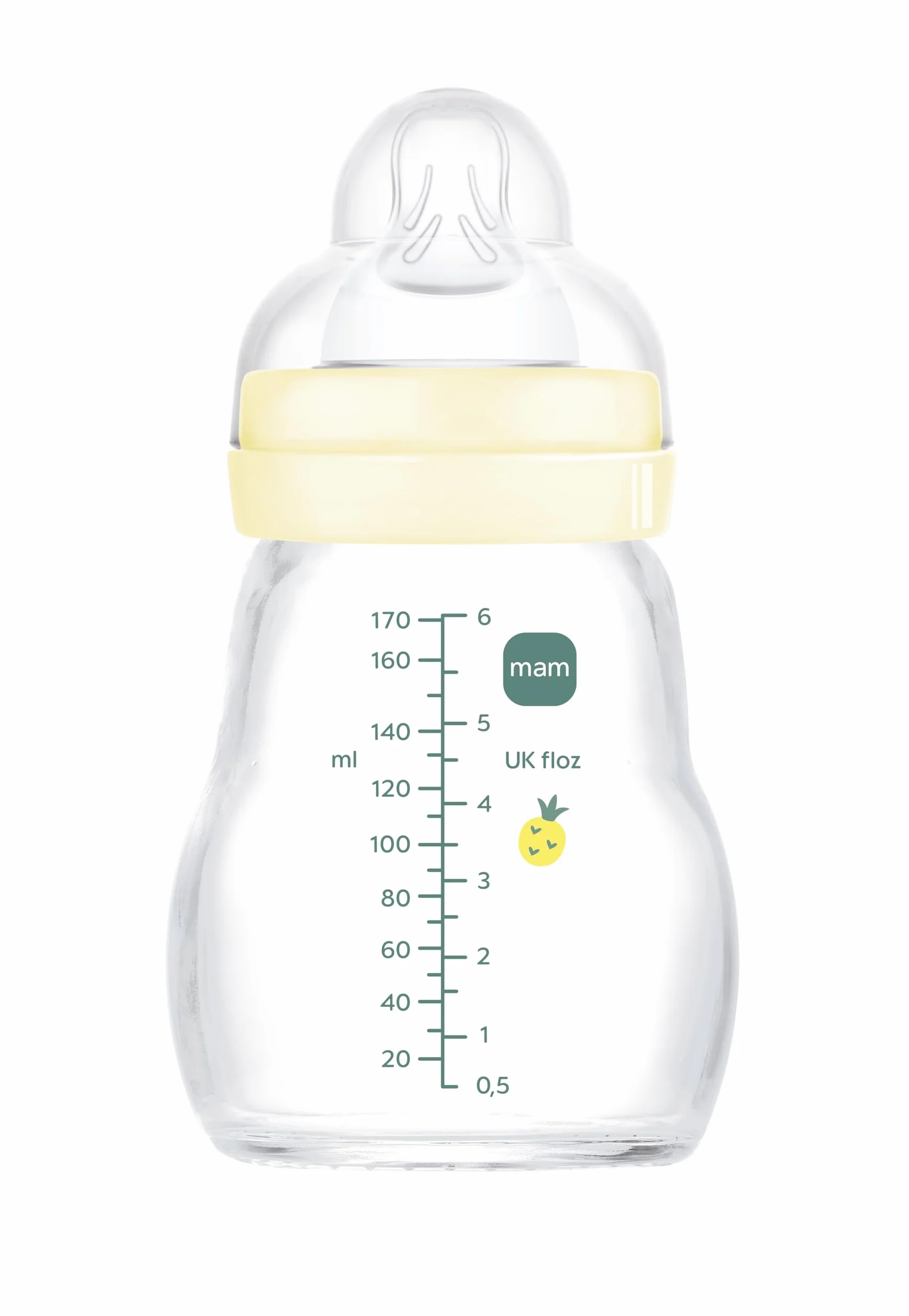 MAM Butelka do karmienia Feel Good A161, szklana butelka, opatentowana smoczek 1 SkinSoftTM Silicone Ultrasuave, dla niemowląt od 0 miesięcy, 170 ml Neutro