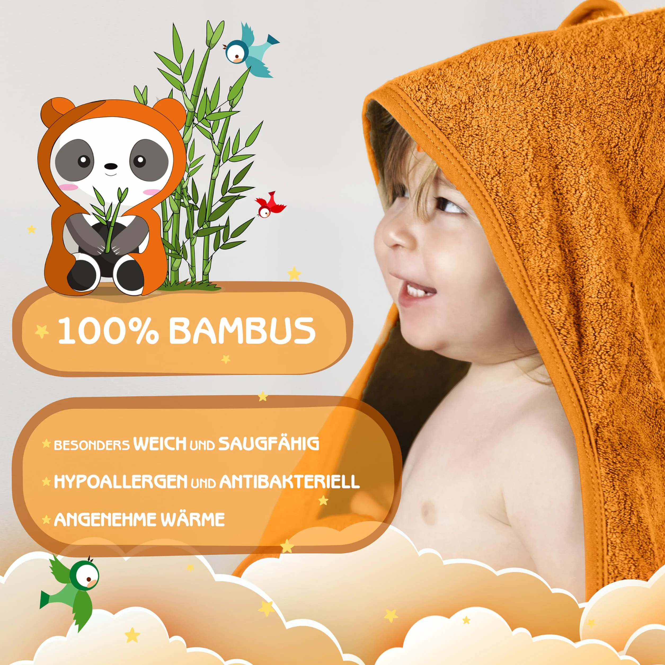 Fuchs & Panda ręcznik z kapturem dla dzieci, bardzo gruby, ciepły i miękki, 75 x 75 cm, 100% bambus, z doskonałym opakowaniem prezentowym (gliniany brąz)