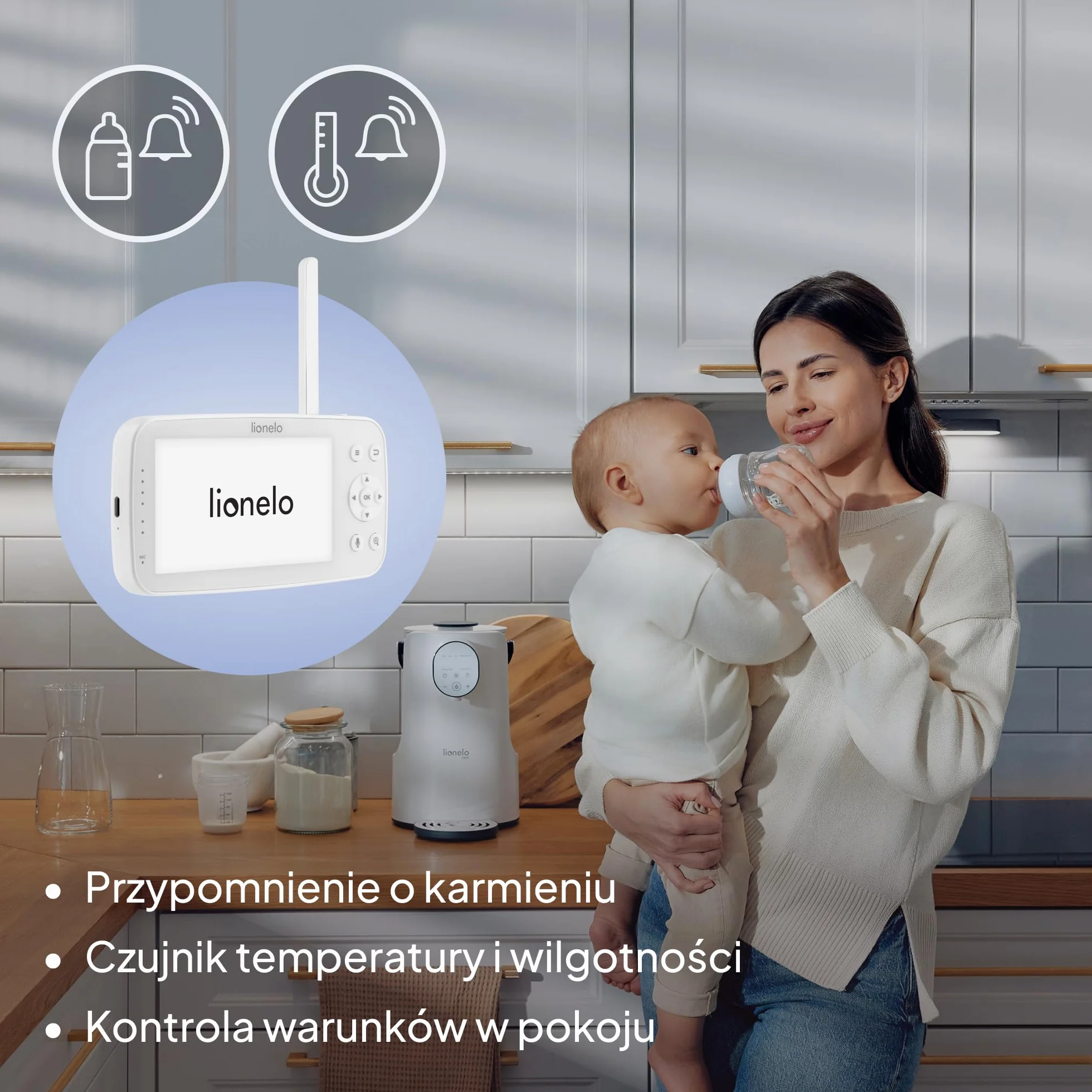 Lionelo Babyline 8.4 elektroniczna niania z kamerą i aplikacją, monitor wideo dla niemowląt z 5-calowym wyświetlaczem, Full HD 1080p, widoczność w nocy, wykrywanie ruchu i pisania, 2-drożne audio