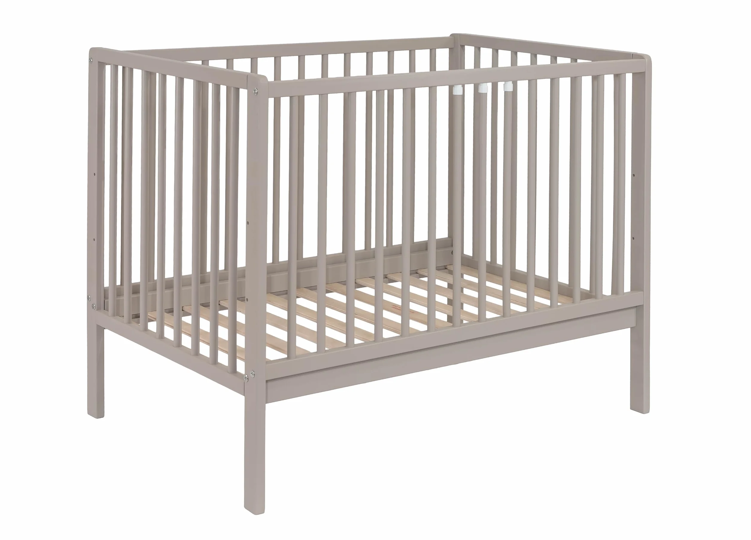Łóżeczko dziecięce JULIA 100x60 cm z materacem – drewno bukowe – 3 poziomy regulacji – wyjmowane szczebelki – EN 716 (Taupe)
