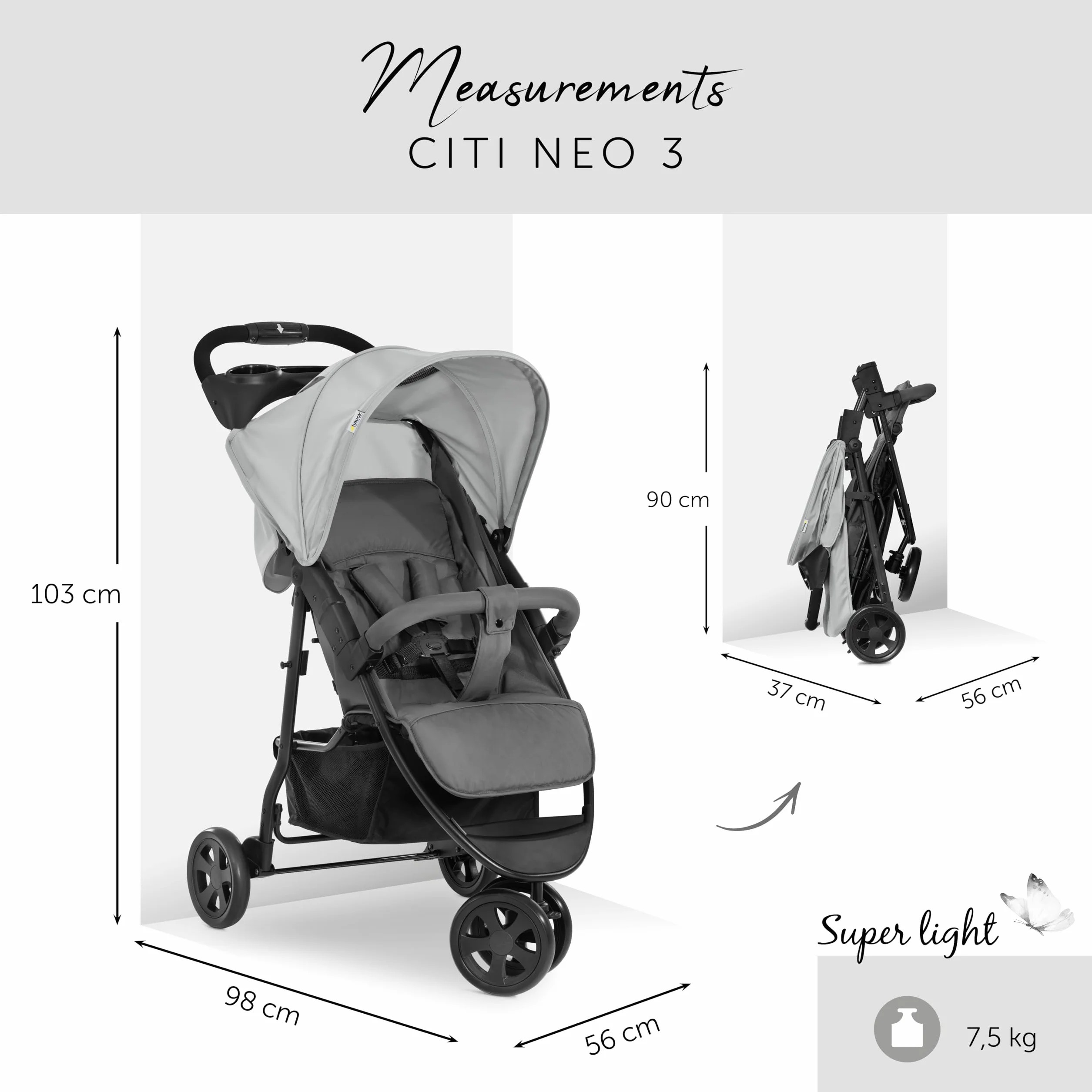 Hauck Citi Neo 3 wózek trójkołowy do 25 kg z pozycją leżącą od narodzin, składany do minimum, mechanizm jednoręcznego składania, 3 koła, ultralekki, tylko 7,5 kg, 2 umocowania do napojów
