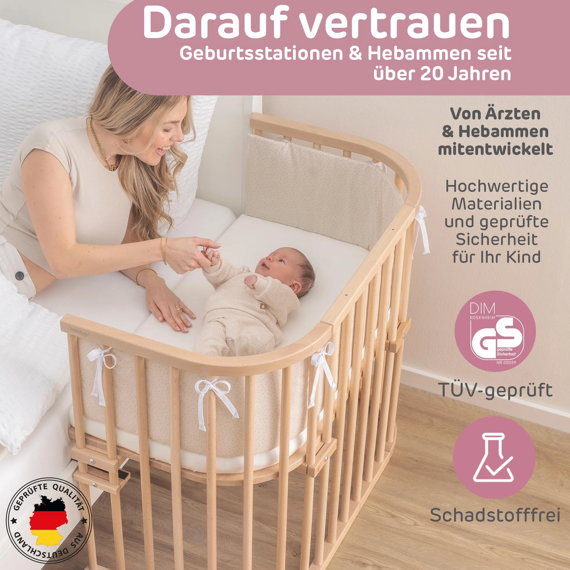 babybay Maxi bardzo duże łóżko dostawne z litego drewna bukowego/łóżko dziecięce, wysokość regulowana bezstopniowo i przyjazne dla środowiska, z materacem Classic Soft (naturalne lakierowanie)