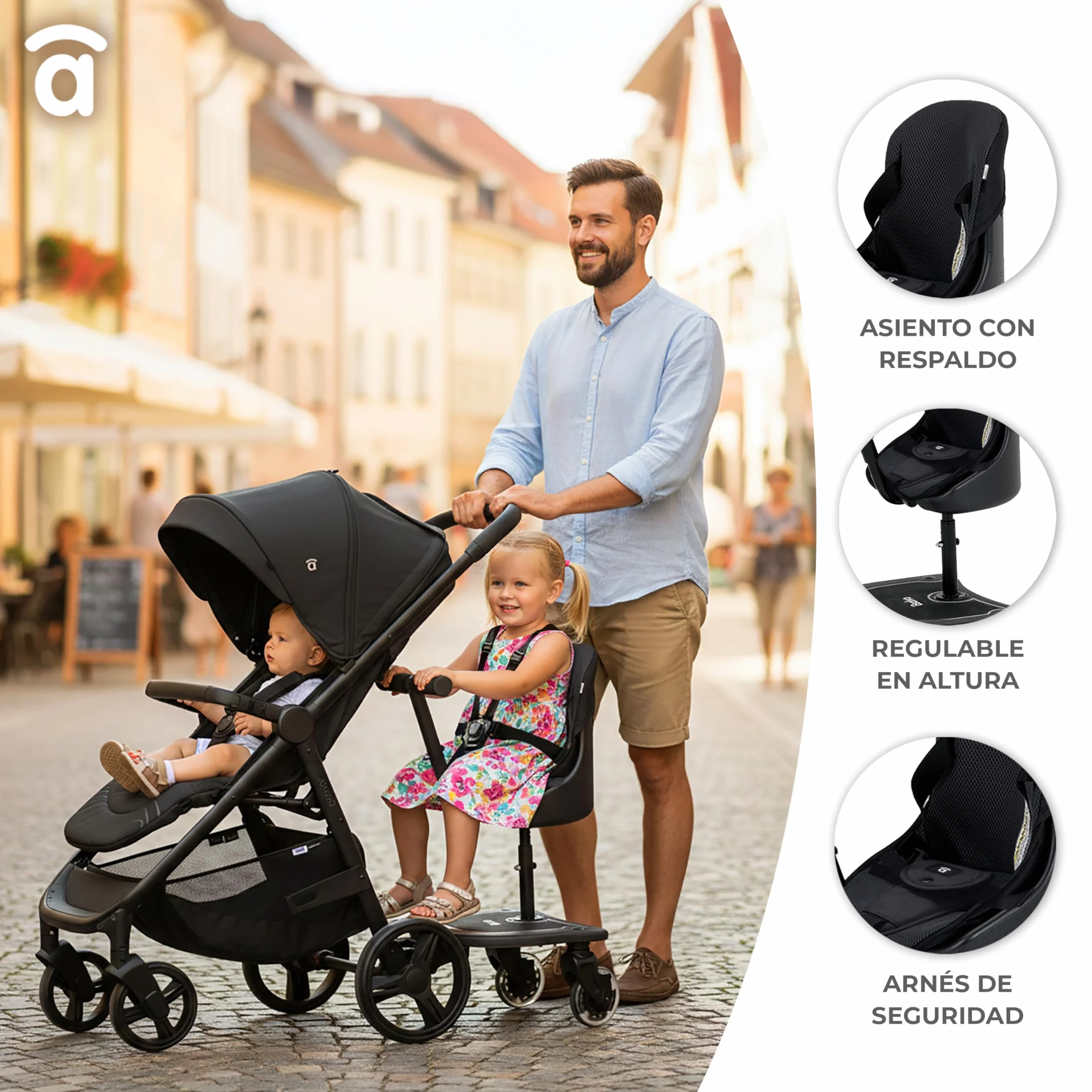 Asalvo BUGGY BOARD hulajnoga z siedziskiem do wózka spacerowego, deska do wózka dziecięcego z siedzeniem, uniwersalna deskorolka wózek dla dziecka, deska dla drugiego dziecka, akcesoria dla dzieci w