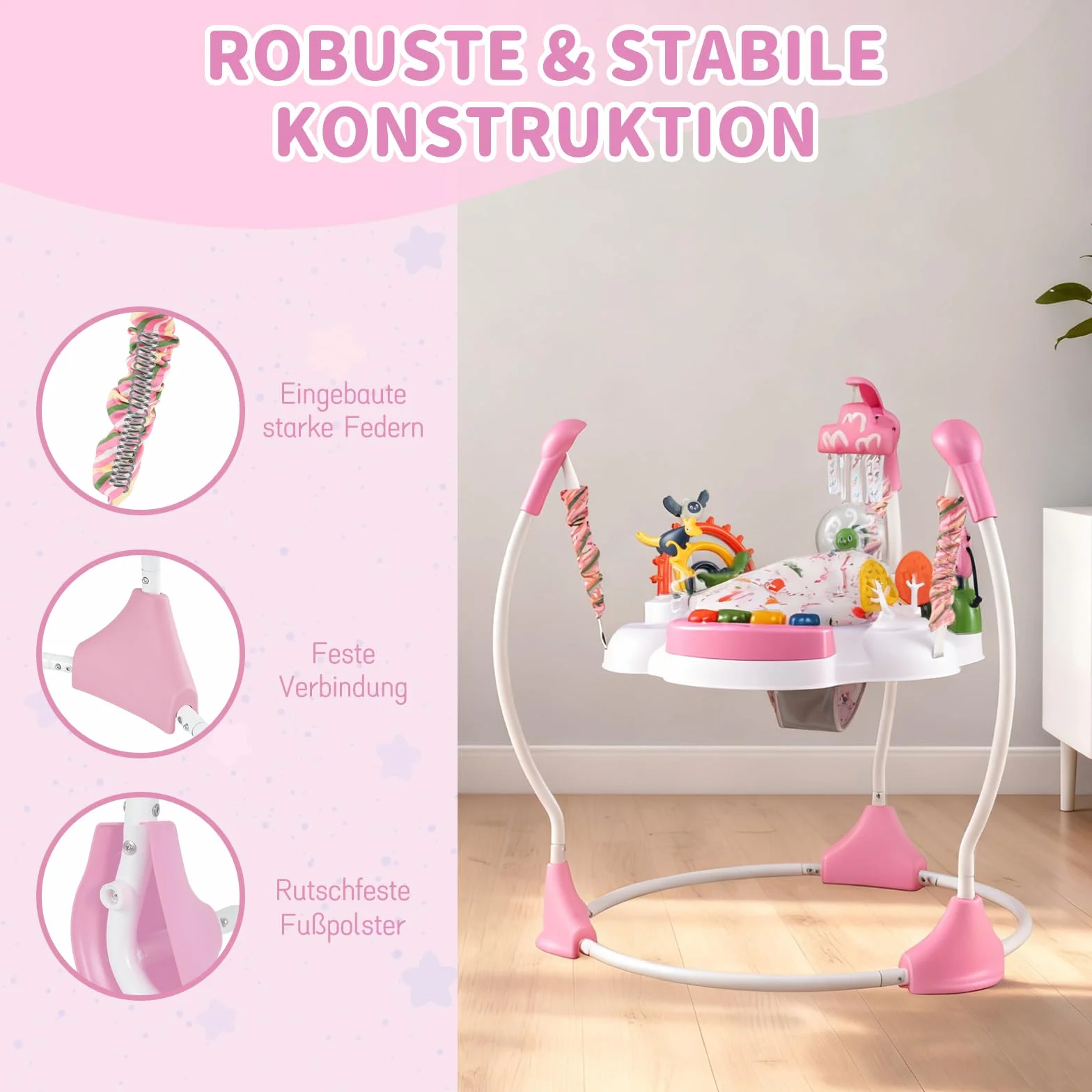 COSTWAY Baby Rainforest Jumperoo pomoc do nauki chodzenia z regulowanymi wysokościami, obracane o 360° siedzisko i zdejmowany tablet muzyczny, Baby Bouncer z oświetleniem i dźwiękiem, centrum