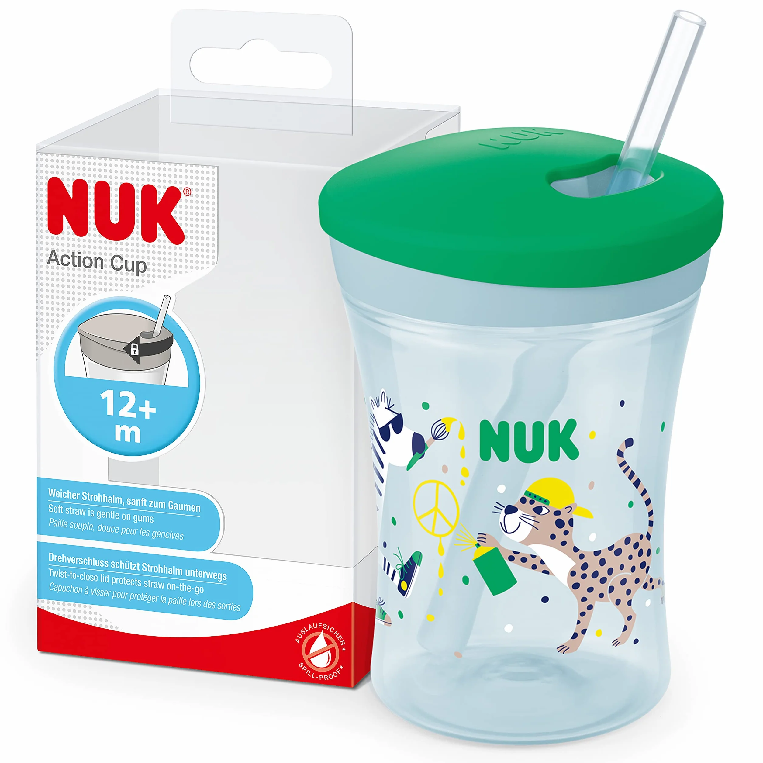 Kubek dla malucha NUK Action Cup | Od 12 miesiąca | Zakręcany, z miękką słomką | Szczelny | Nie zawiera BPA | 230 ml | Lampart (zielony)