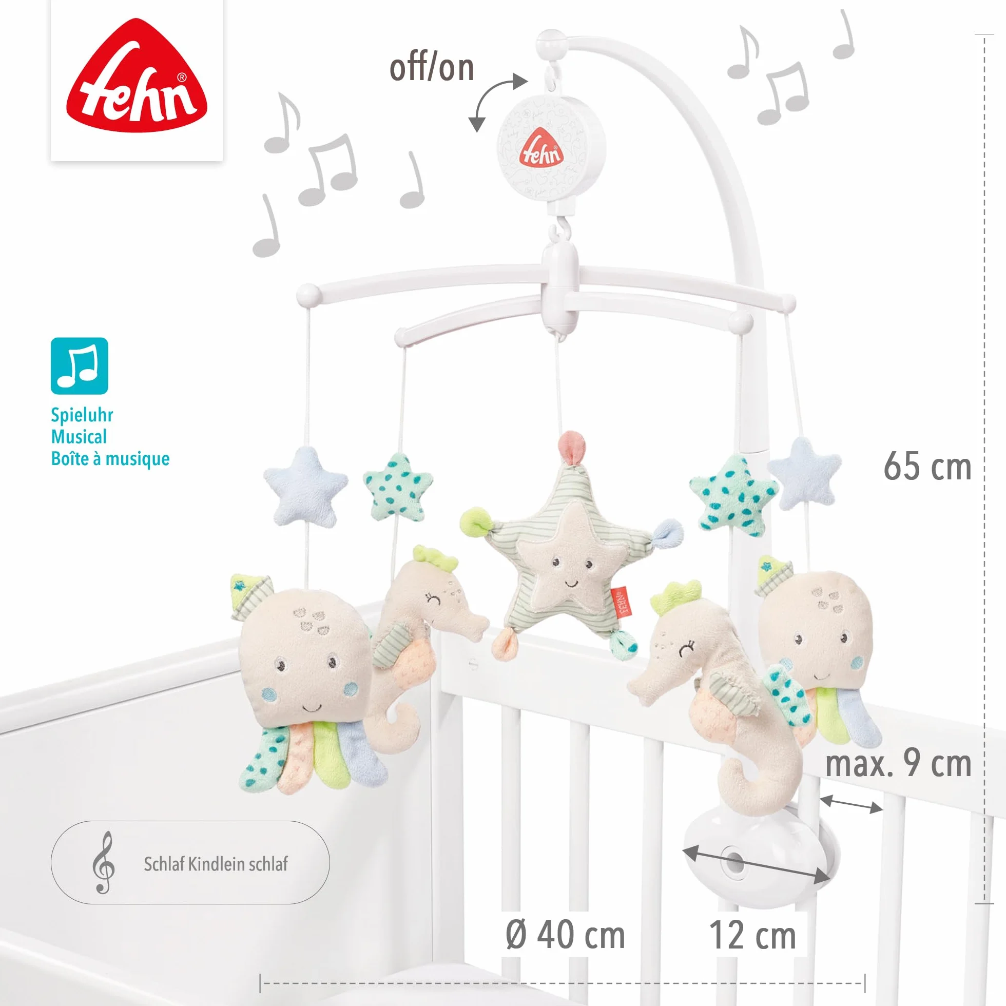 Fehn Muzyka mobilna dla dzieci morskich – pomoc w zasypianiu dziecka zabawka muzyczna – pozytywka melodia "Sleep Kindlein Schlaf" – akcesoria do łóżeczka dziecięcego, zabawka dla niemowląt i