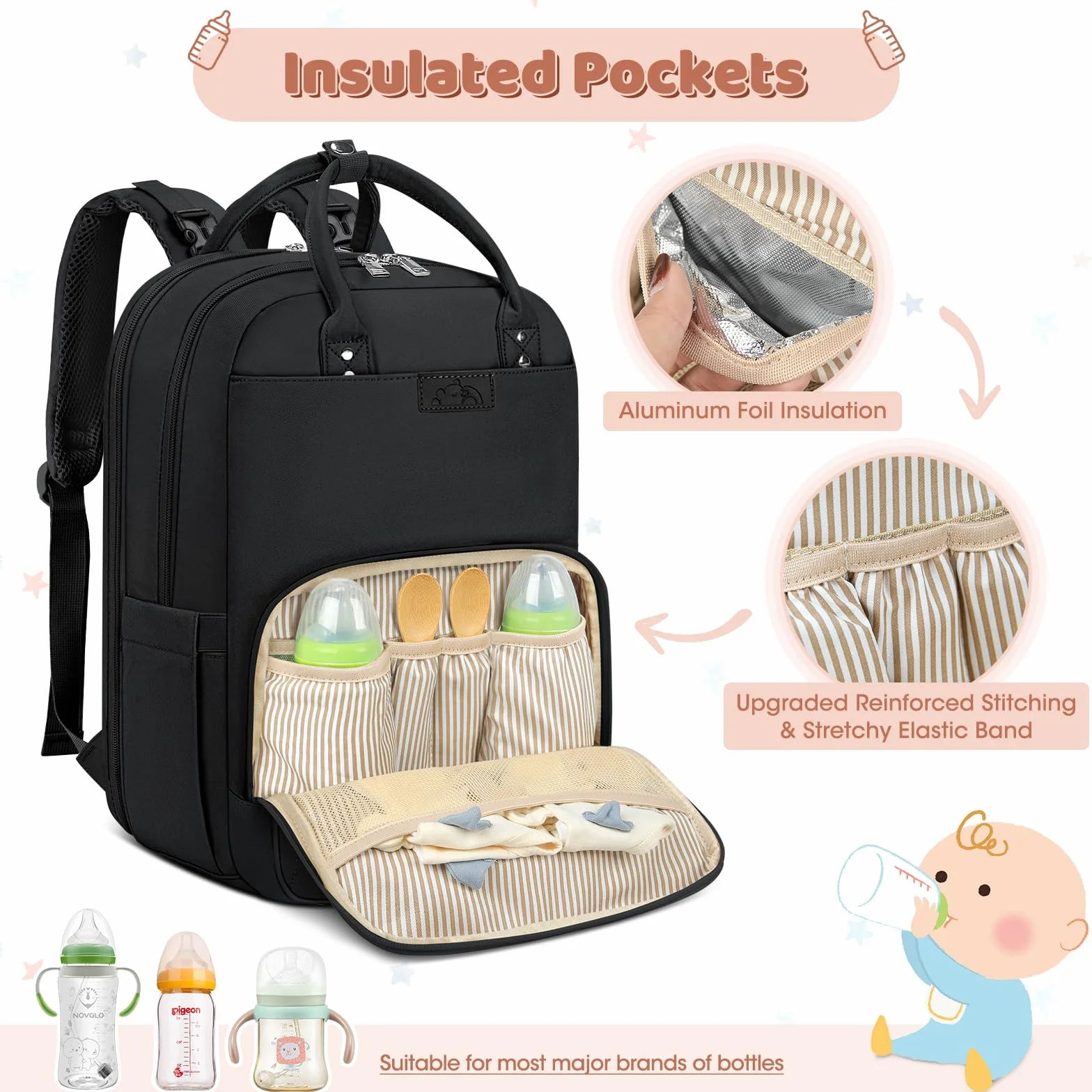RAINSMORE Plecak do przewijania niemowląt, duża torba do przewijania, plecak z paskami do wózka dziecięcego i podkładką do przewijania, torba podróżna Diaper Bag, kolor czarny