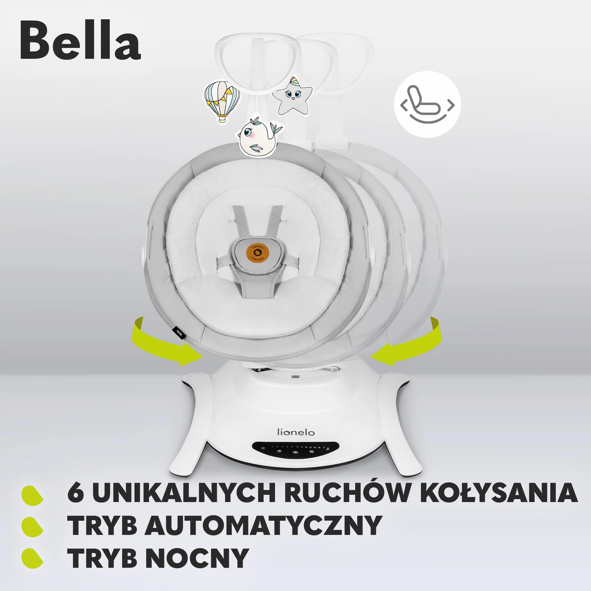 LIONELO Bella Elektryczny Obrotowy Bujaczek 360 dla Niemowląt do 9 kg Regulacja Oparcia, 5 Prędkości Bujania Pasy Bezpieczeństwa Wykrywanie Ruchu Antypoślizgowy, 12 Melodii Pilot