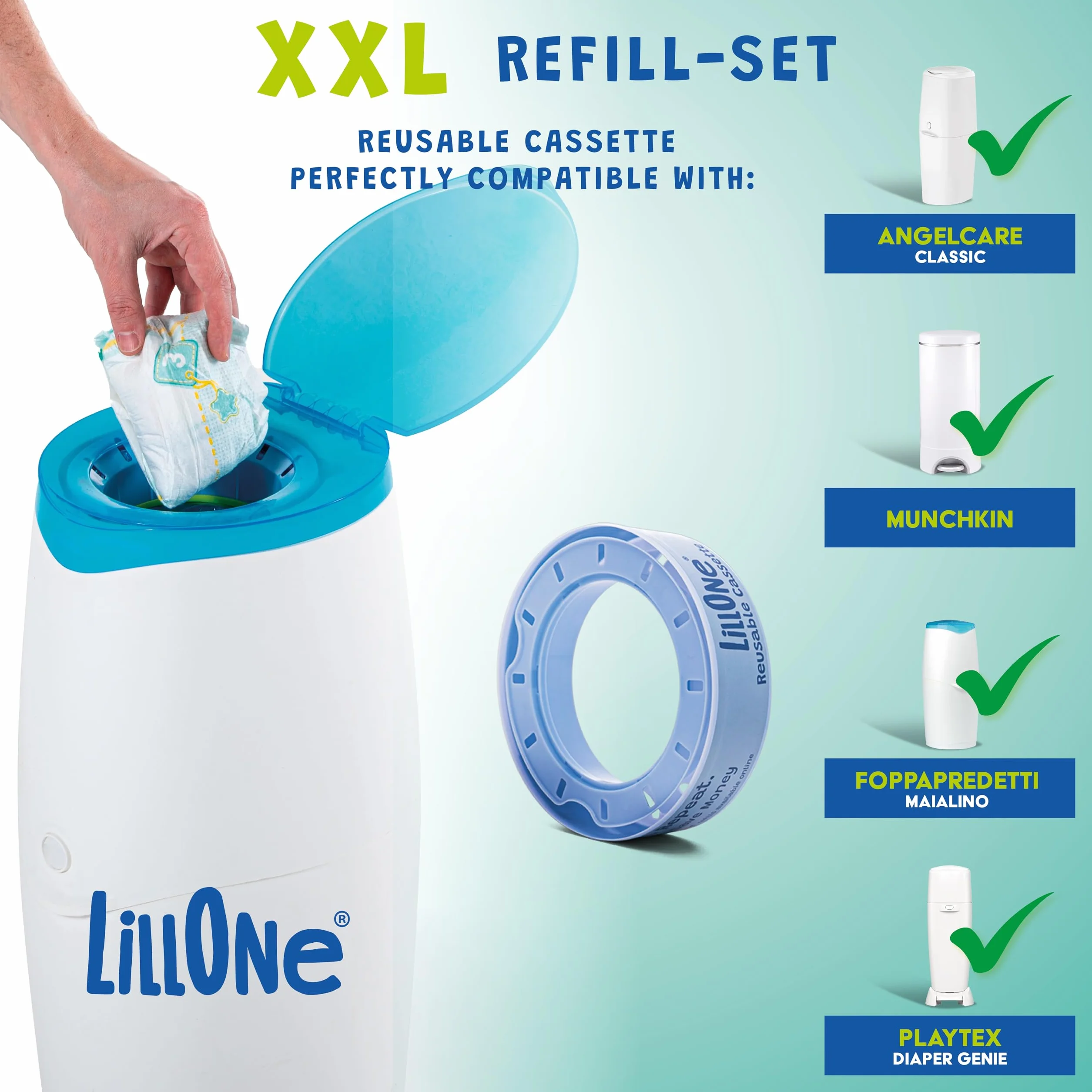 LillOne XXL-SET 10 wkładów powyżej 10 metrów + 1 kaseta wielokrotnego użytku - kompatybilna z pojemnikami na pieluchy Angelcare, Munchkin - Extra Long High Density