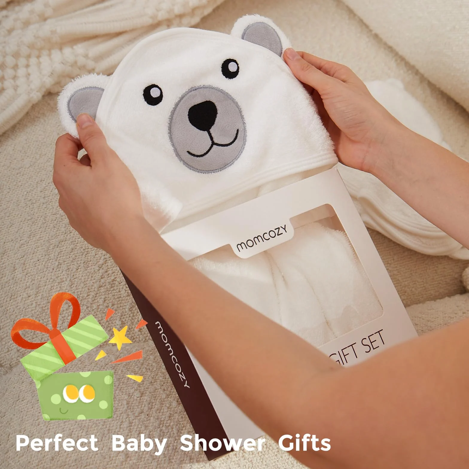 Momcozy Set Asciugamani Bagno al in Bambù per Neonato 5 Pz, 1 Pezzo Asciugamano Neonato Con Cappuccio, 3 Pezzi Asciugamano Neonati, 1 Pezzo Guanto Da Bagno, Soffice, Traspirante, Ecologico