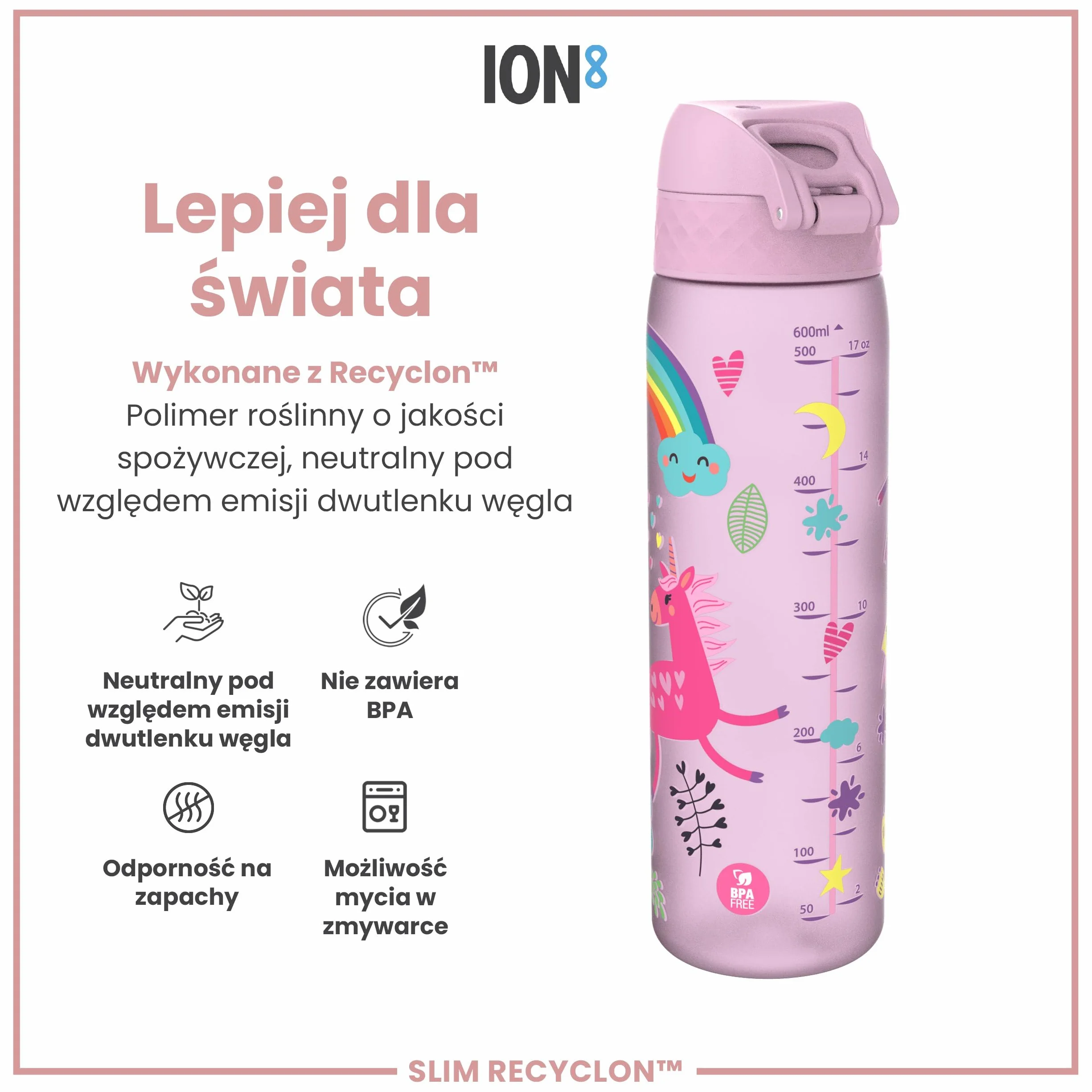 ION8 Butelka na Wodę, 500 ml/18 oz, Szczelna, Łatwe Otwieranie, Bezpieczny Zamek, Można Myć w Zmywarce, Bez BPA, Higieniczne Pokrycie, Uchwyt do Przenoszenia, Łatwa Czyszczenie, Liliowe Jednorożce
