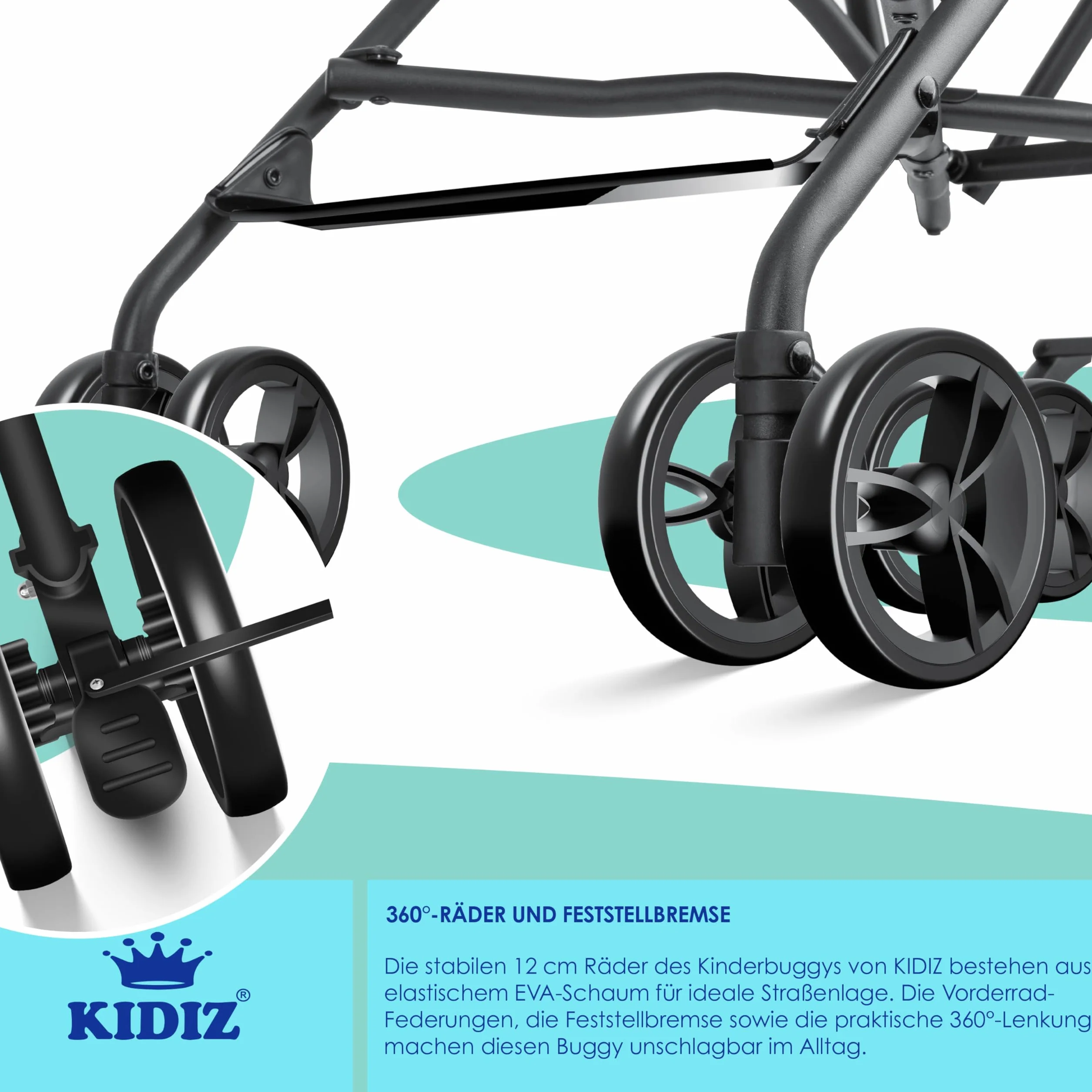 KIDIZ® CITY Wózek dziecięcy Wózek dziecięcy Uniwersalny składany wózek sportowy, składany, 4-calowe kółka obrotowe 360°, osłona przeciwsłoneczna i ochrona przed deszczem