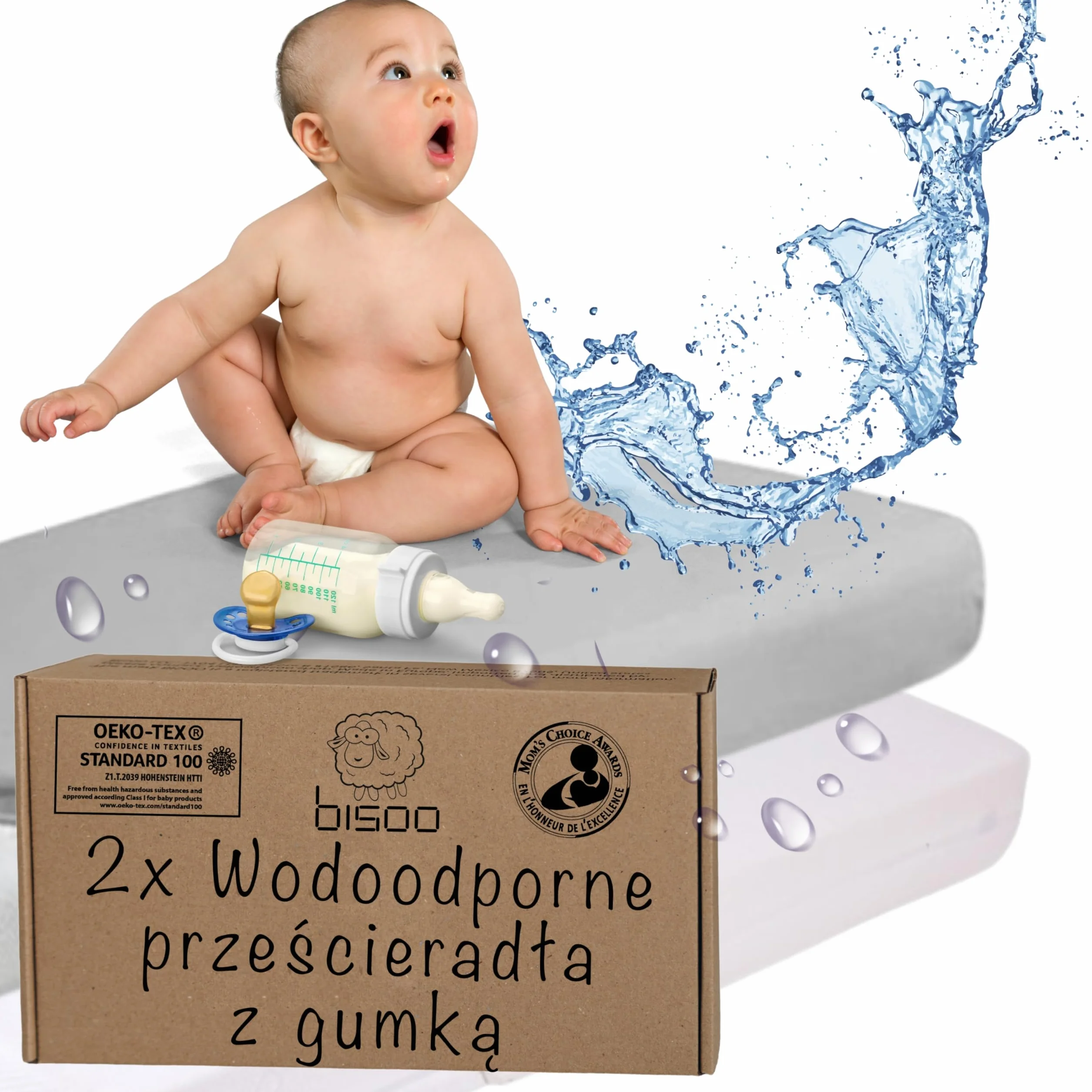 BISOO 80x160 cm - Zestaw 2 Wodoodpornych Prześcieradeł z Gumką (1 Białe + 1 Szare) - 2w1 Prześcieradło z Gumką + Ochraniacz na Materac w Jednym - Bawełna Certyfikowana Oeko-Tex Standard 100