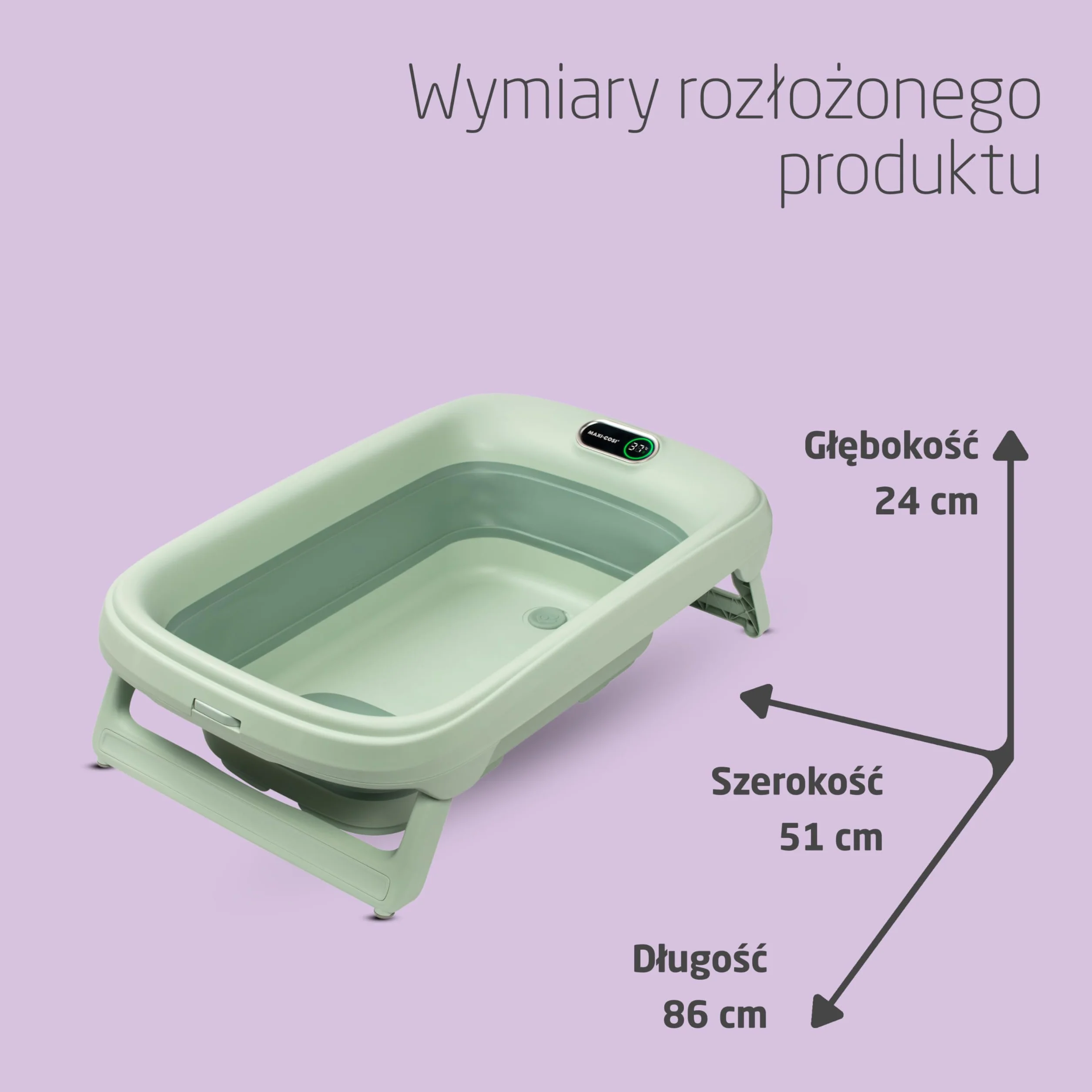Maxi-Cosi Indigo Składana Wanienka dla Niemowląt, 0-4 lata, Wanienka dla Dziecka, Zabudowany Termometr HighSense, Antypoślizgowa, Hak do Zawieszania, Składana na Płasko, Sage Green