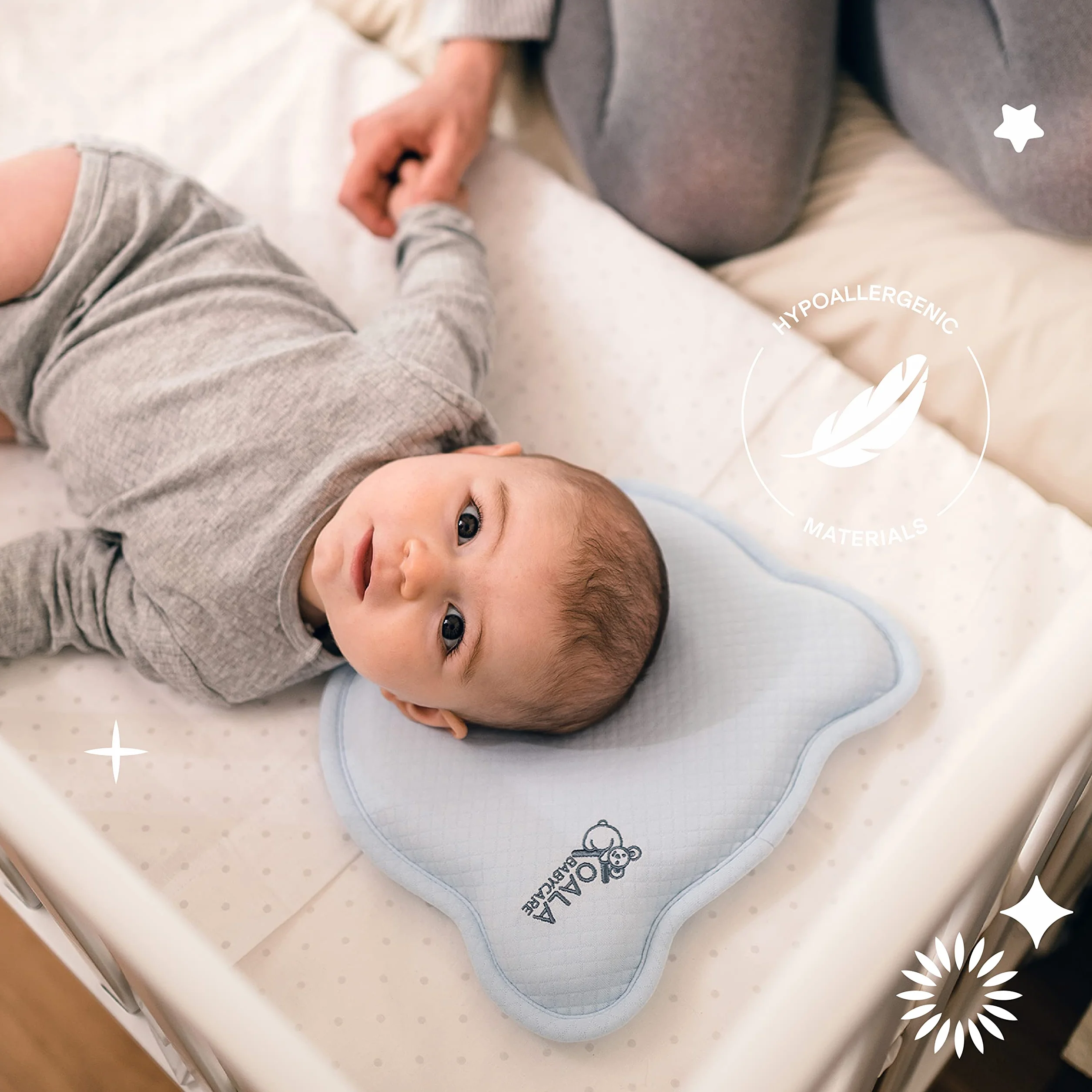 Plagiocephaly, poduszka dla niemowląt z dwoma zdejmowanymi poszewkami ,do zapobiegania i leczenia zespołu płaskiej głowy, w kształcie pianki z pamięcią kształtu, KoalaBabycare®, idealna głowa, niebieska