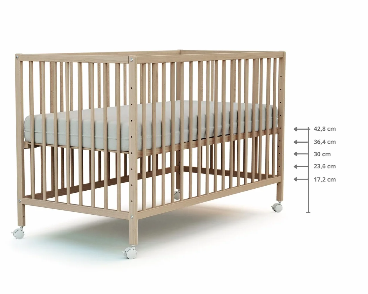 WEBABY - Drewniane łóżeczko dziecięce 60x120cm | Surowy Buk | Lite drewno | Od urodzenia | Regulacja wysokości | Łóżko barowe lub wspólne spanie | Komfort snu | Podstawa listwowa