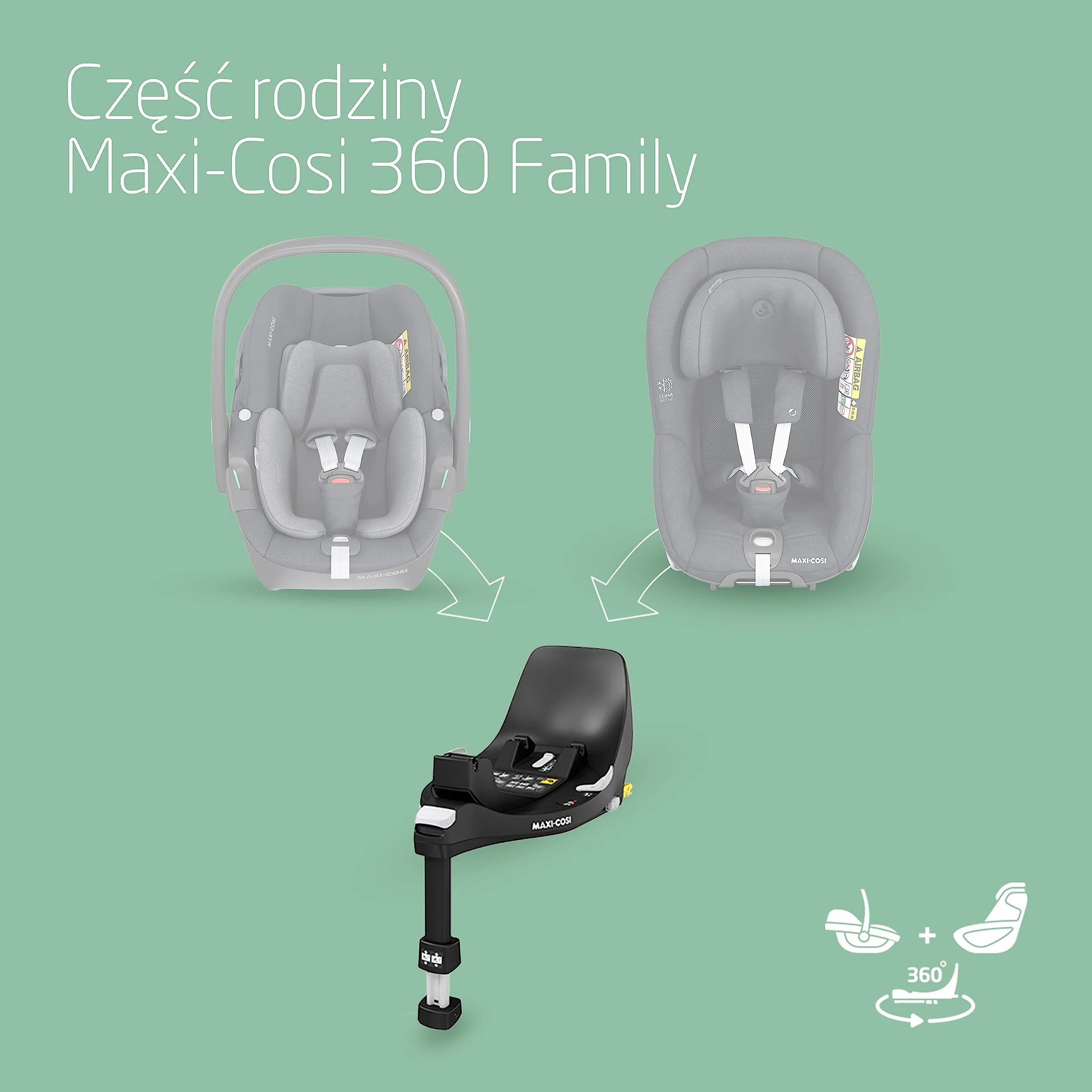 Maxi-Cosi Baza FamilyFix 360 i-Size, Obrotowy Fotelik Samochodowy System, Obrotowa Baza ISOFIX 360, 0–4 lata (40–105 cm), System FlexiSpin, Kontrola obracania TravelSafe, Click & Go, Black