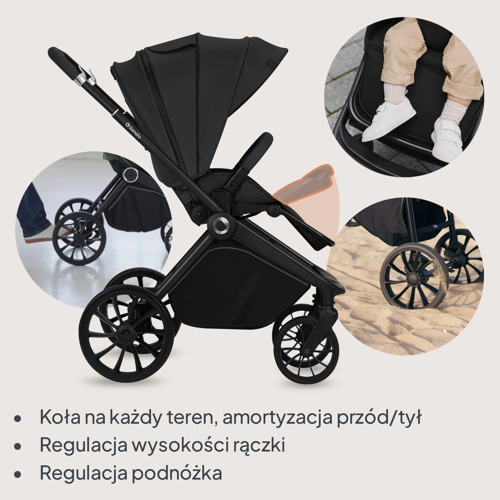 LIONELO MIKA PLUS 3 w 1 Wózek Spacerowy Dziecięcy 0-48 miesięcy do 22 kg Gondola do 9 kg Fotelik Samochodowy Nosidło do 13 kg, Regulacja Oparcia, Amortyzacja, Koła 360° Budka XXL (Czarny)