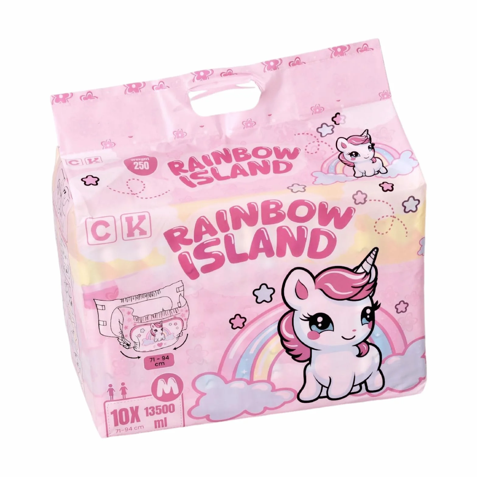 Rainbow Island pieluchy z folią dla dorosłych, 13500 ml, rozmiar M, obwód bioder 71-94 cm, z nadrukiem jednorożca i wskaźnikiem wilgotności