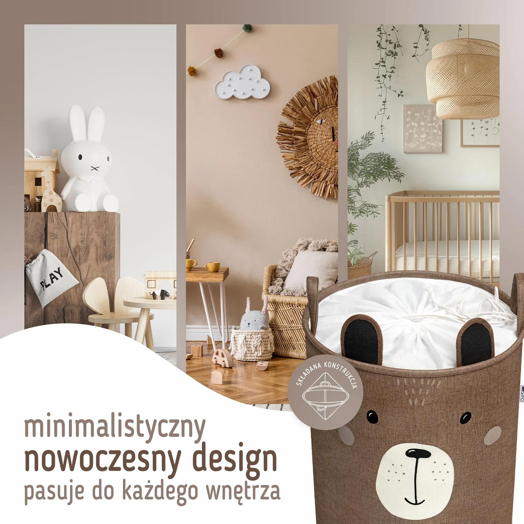 SIPO Kosz Do Przechowywania Na Zabawki Premium Duża Pojemność XXL 63L Brązowy Miś Składany Organizer Na Pluszaki Klocki Ze Ściągaczem Zamykany Uchwyty Do Przenoszenia Skandynawski Wygląd