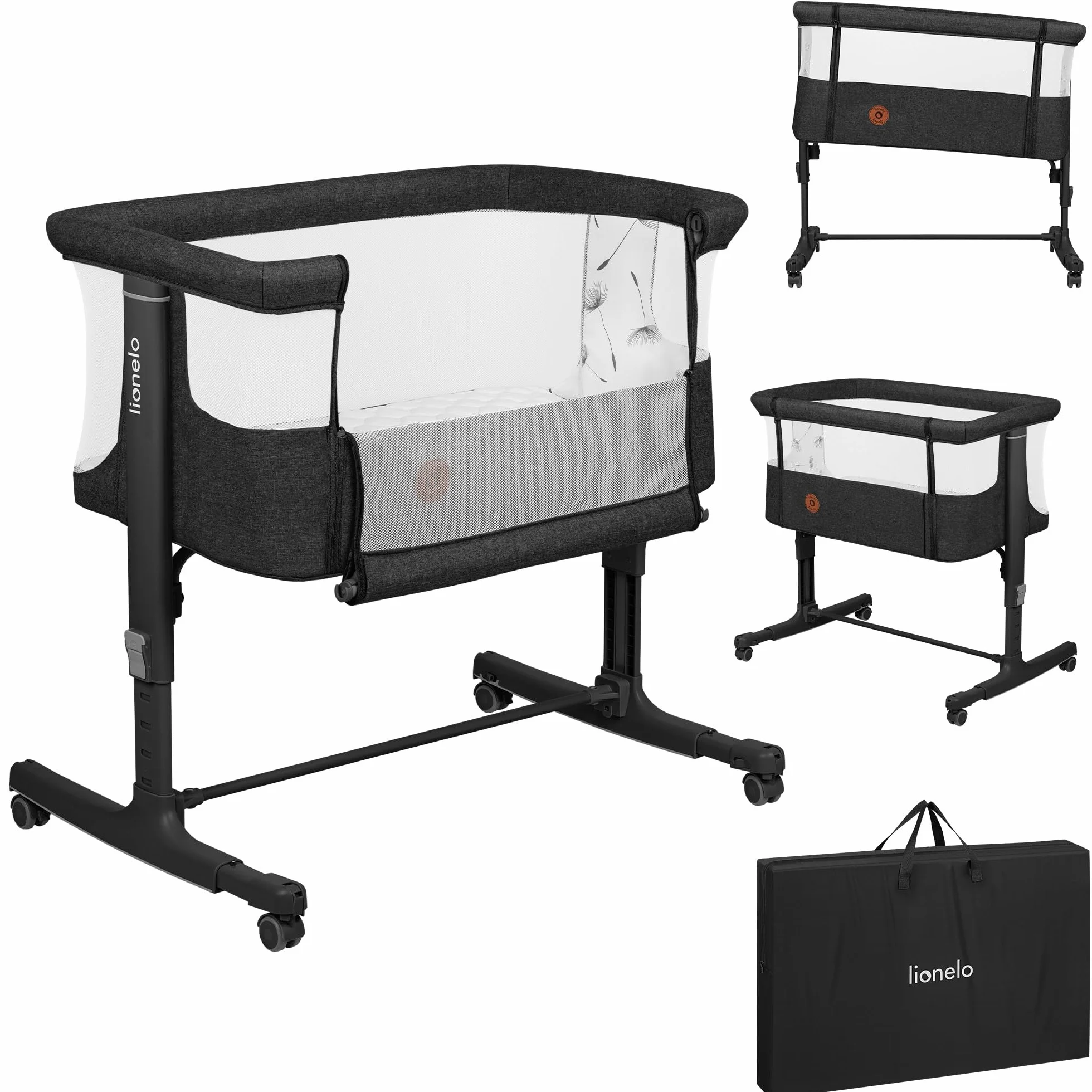 LIONELO Aurora 3 w 1 Łóżeczko Dziecięce do 9 kg, Łóżko Dostawne, Kołyska, Regulacja Wysokości oraz Kąta Nachylenia Materaca, 4 Kółka z Hamulcem Ergonomiczny Materac Torba (Grafitowy)