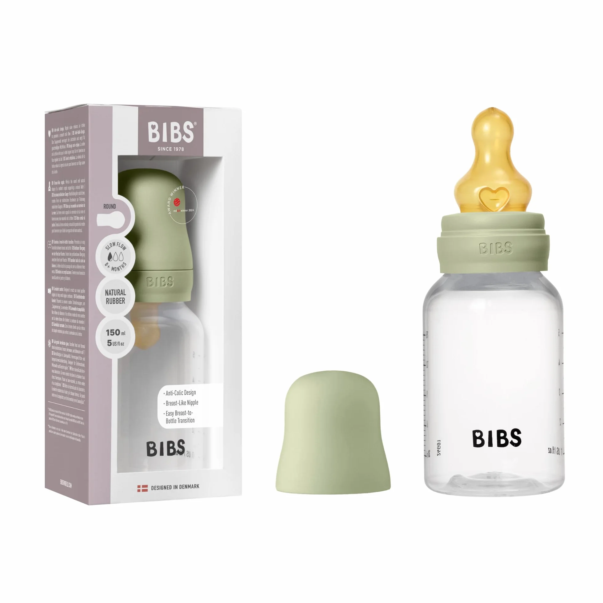 BIBS Butelka dla niemowląt 150 ml. Smoczek z naturalnego kauczuku - zestaw butelek dla niemowląt. Antykolka. Nie zawiera BPA. Przeciwdziała kolce. Wolny przepływ. Lekki i łatwy do czyszczenia.