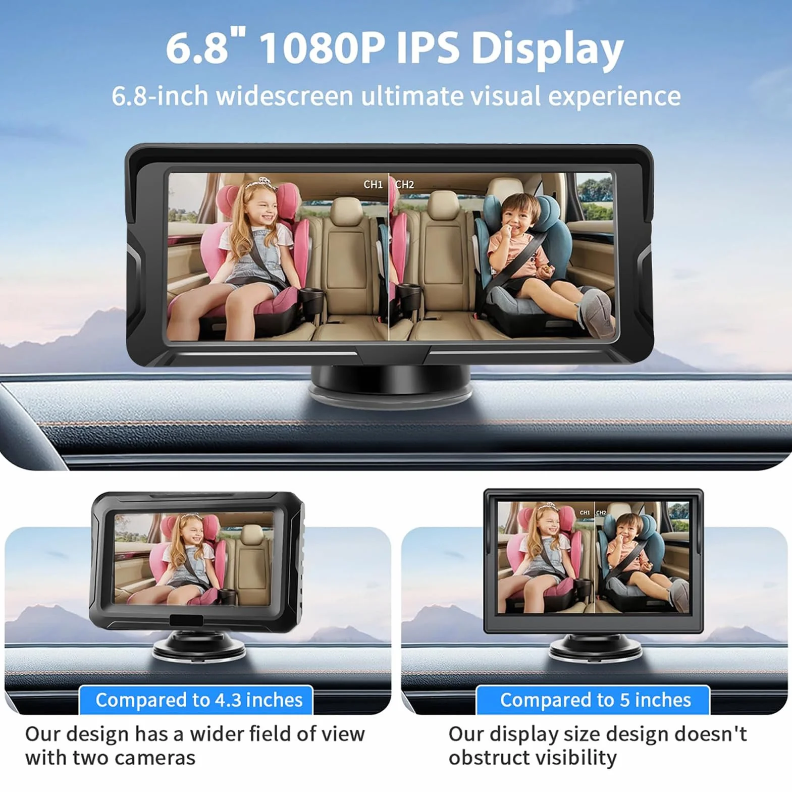 Shkalacar Kamera do fotelika dziecięcego 2-Kids 6,8 cala 1080P z ekranem kamery samochodowej dla niemowląt z 2 kamerami IR Night Vision i szerokim kątem widzenia 150°, łatwa obsługa