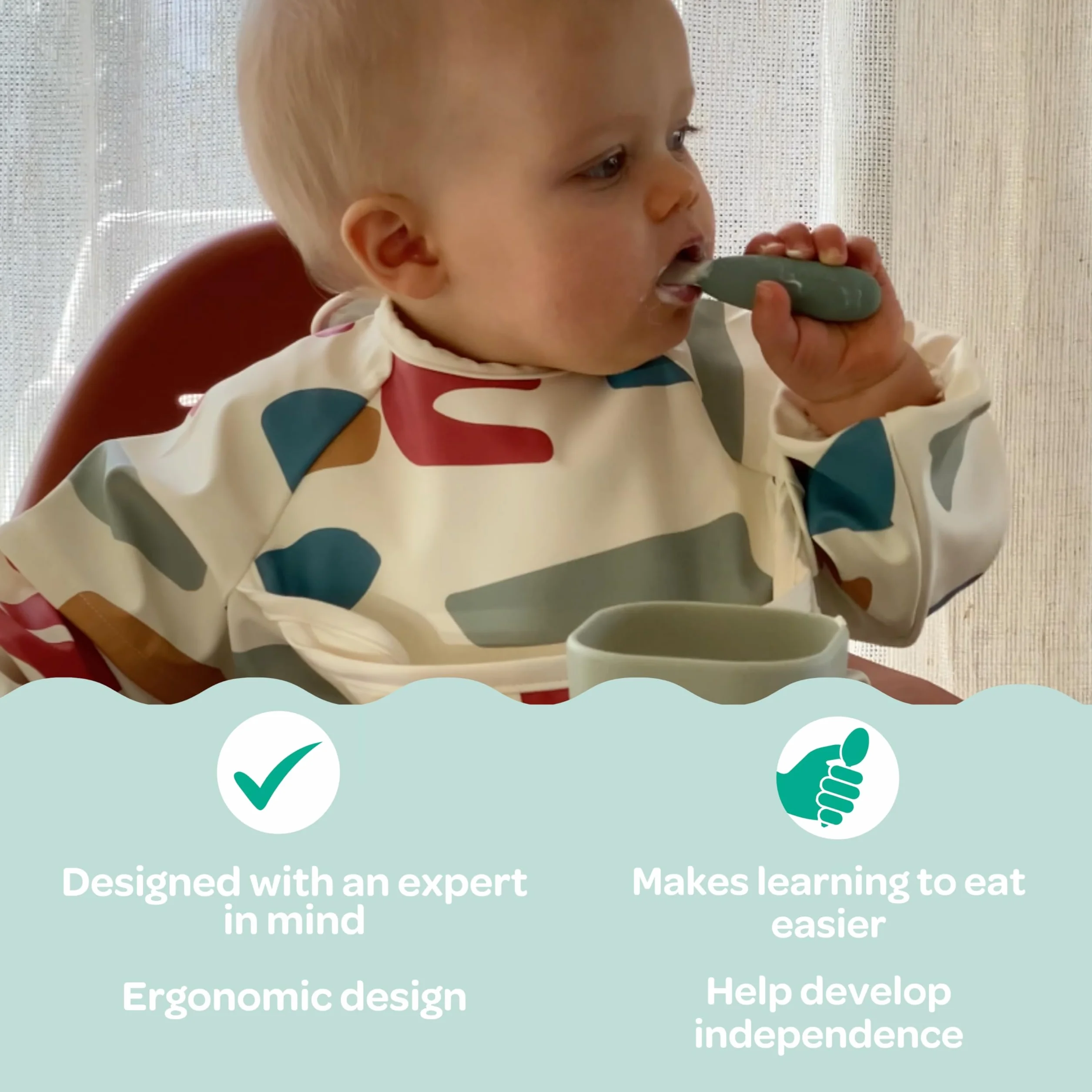 BEABA, zestaw 2 sztućców ze stali nierdzewnej i silikonu, sztućce dla niemowląt, sztućce dla dzieci, od 10 miesięcy, ergonomiczny kształt, ergonomiczny uchwyt, sztućce do nauki dla niemowląt, szałwia