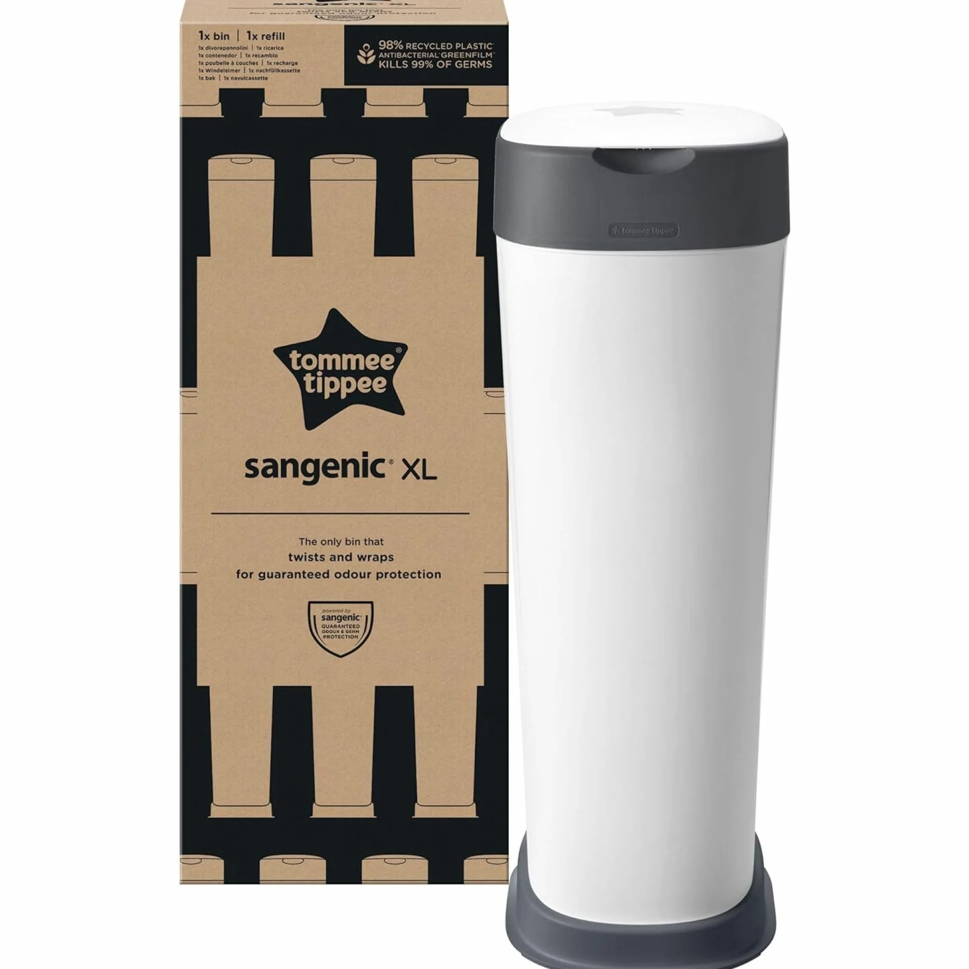 Tommee Tippee Twist & Click Sangenic XL, mieści do 60 pieluch, 76 cm wysokości, z 1 wkładem wymiennym z folią antybakteryjną GREENFILM pozyskiwaną w sposób zrównoważony, biały