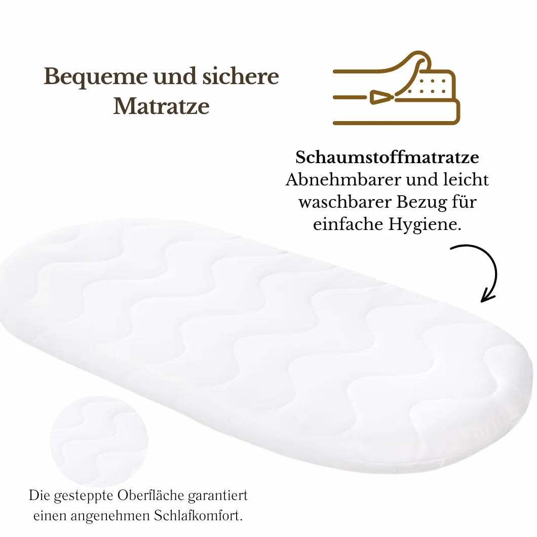 Kosz Mojżesza biały ze stelażem, materacem, baldachimem i pościelą z tkaniny waflowej, ciche kółka (białe - zielone liście)