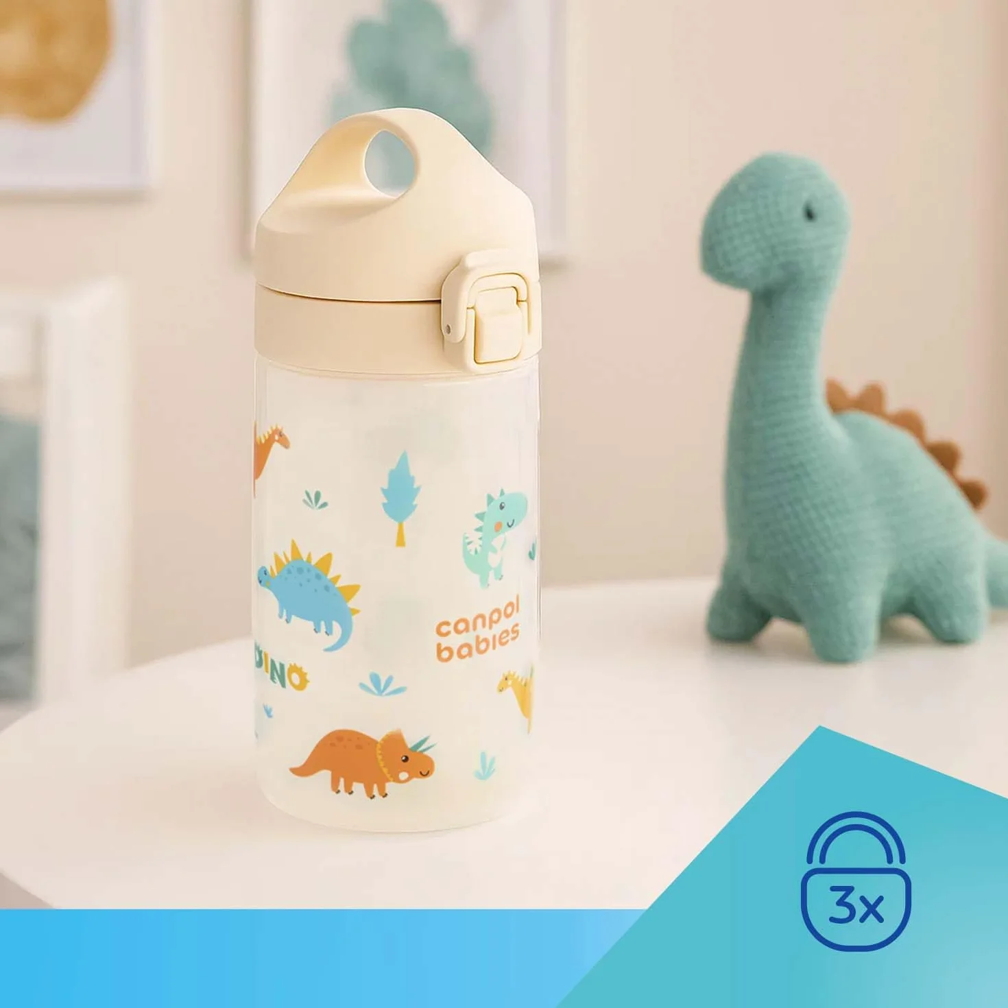Canpol babies Bidon na wodę dla dzieci od 2,5 r.ż. Junior 400 ml Blokada przycisku, Wygodny do picia i mycia ustnik (Różowy)