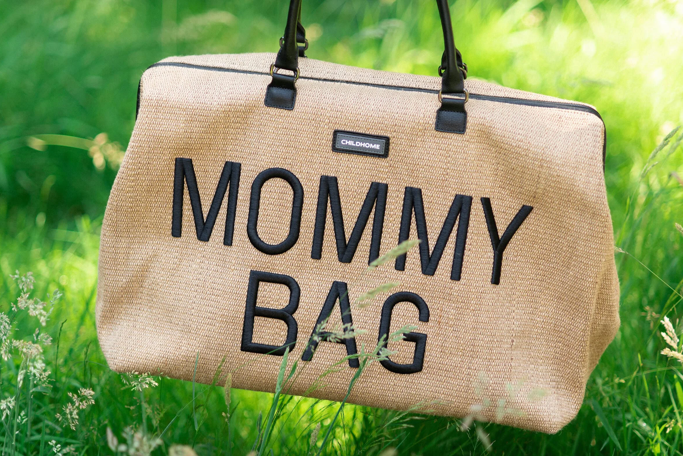 Childhome Mommy Bag torba do przewijania niemowląt o dużej pojemności z regulowanym paskiem na ramię, przegródka, izolowana kieszeń, rafia