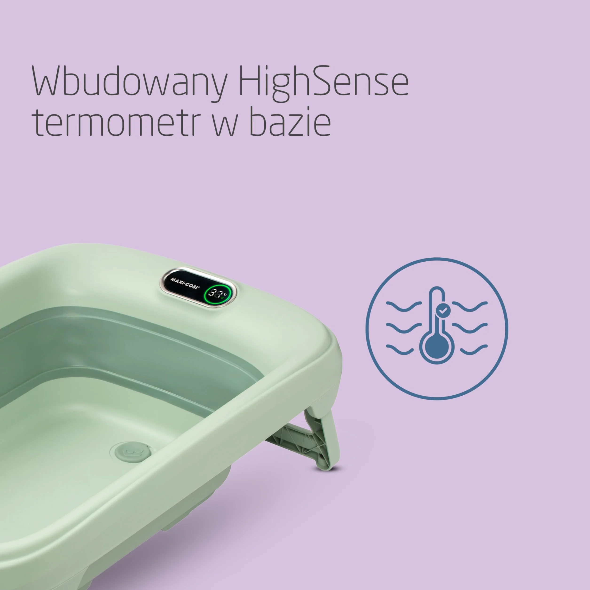 Maxi-Cosi Indigo Składana Wanienka dla Niemowląt, 0-4 lata, Wanienka dla Dziecka, Zabudowany Termometr HighSense, Antypoślizgowa, Hak do Zawieszania, Składana na Płasko, Sage Green