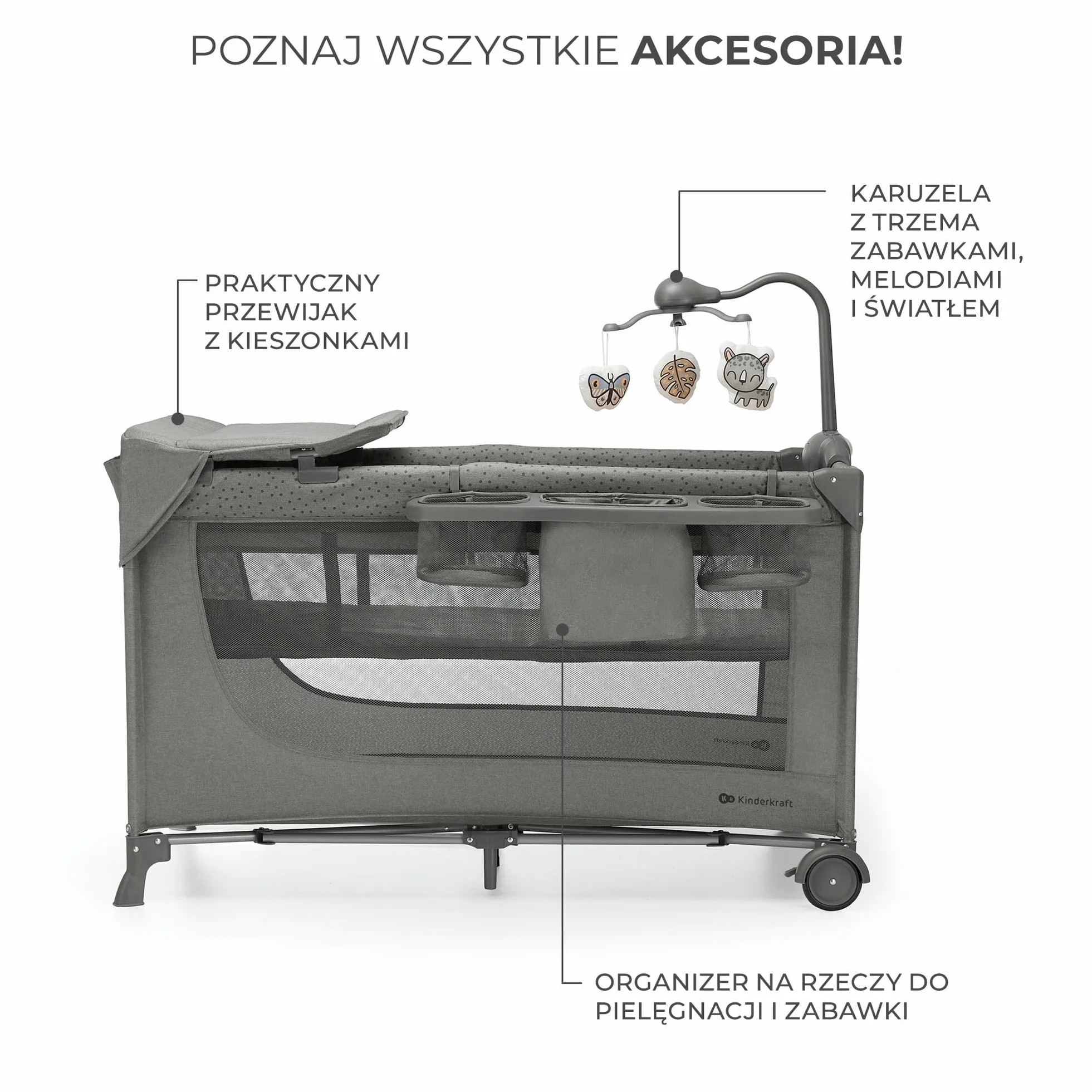 Kinderkraft JOY ACC 2 Łóżeczko turystyczne 3 w 1, Boczne wejście, Szybkie składanie i rozkładanie, Zabezpieczenie przed złożeniem, Kółka i torba ułatwiające transport, Pałąk z zabawkami, Szary