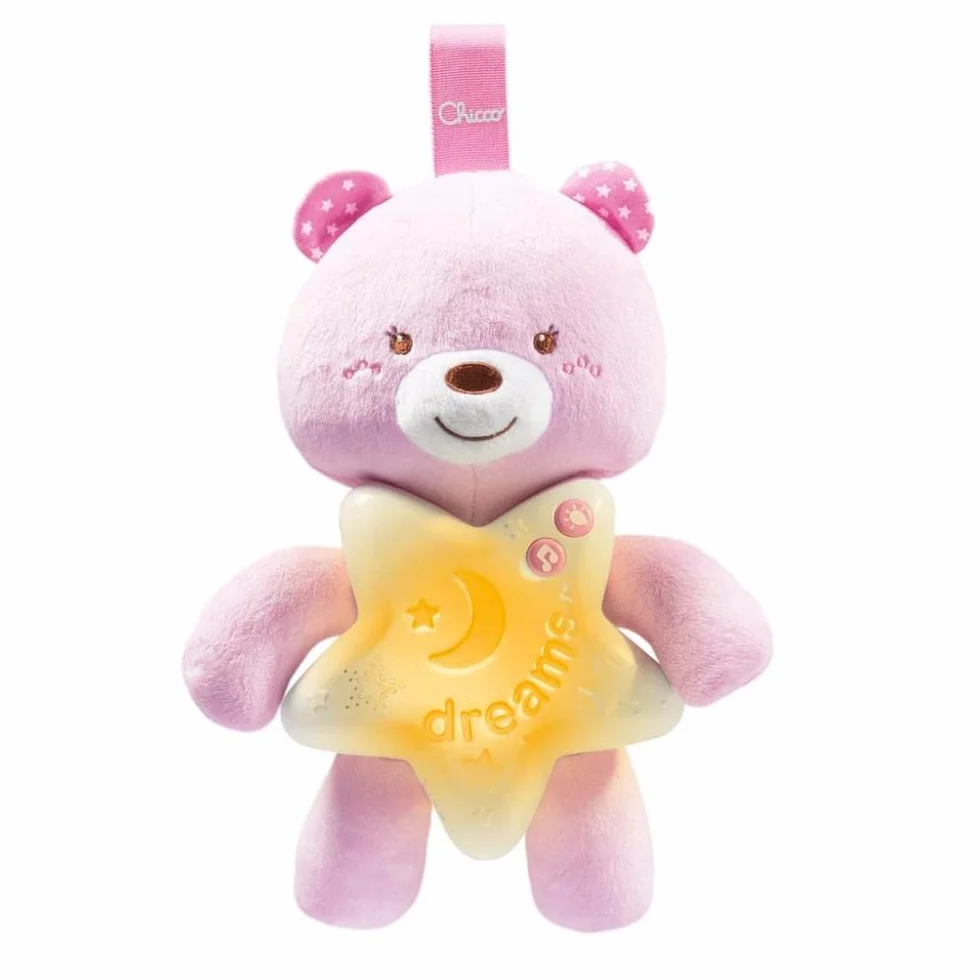 Chicco First Dreams Miś, do Zawieszenia na Łóżeczku, z Kojącymi Melodiami i Lampką Nocną, 0 m+, Różowy