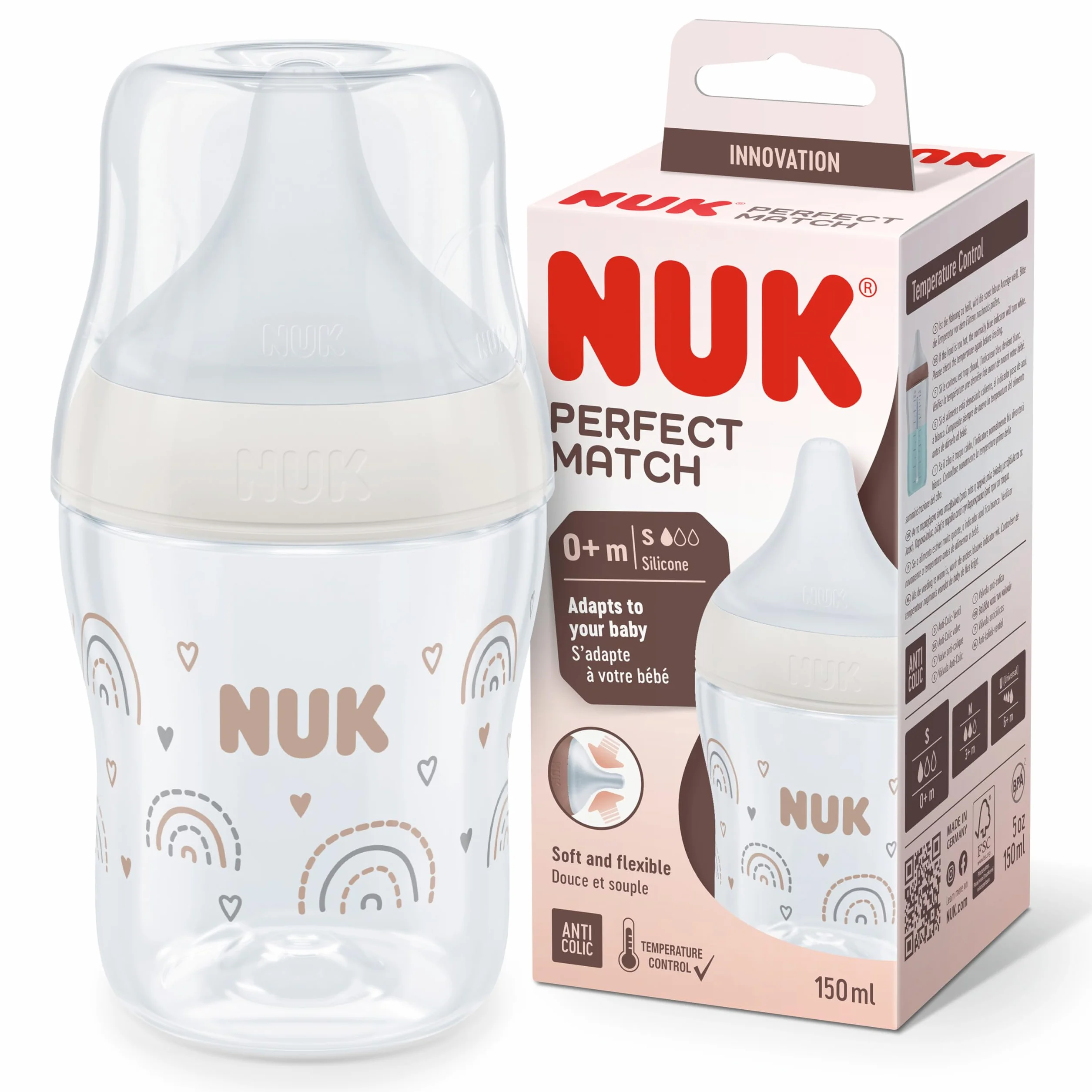 Butelka dla niemowląt NUK Perfect Match | 0+ miesięcy | Pasuje do podniebienia dziecka | Kontrola temperatury | Odpowietrznik antykolkowy | 150 ml | Bez BPA | Silikonowy smoczek S | Tęcza