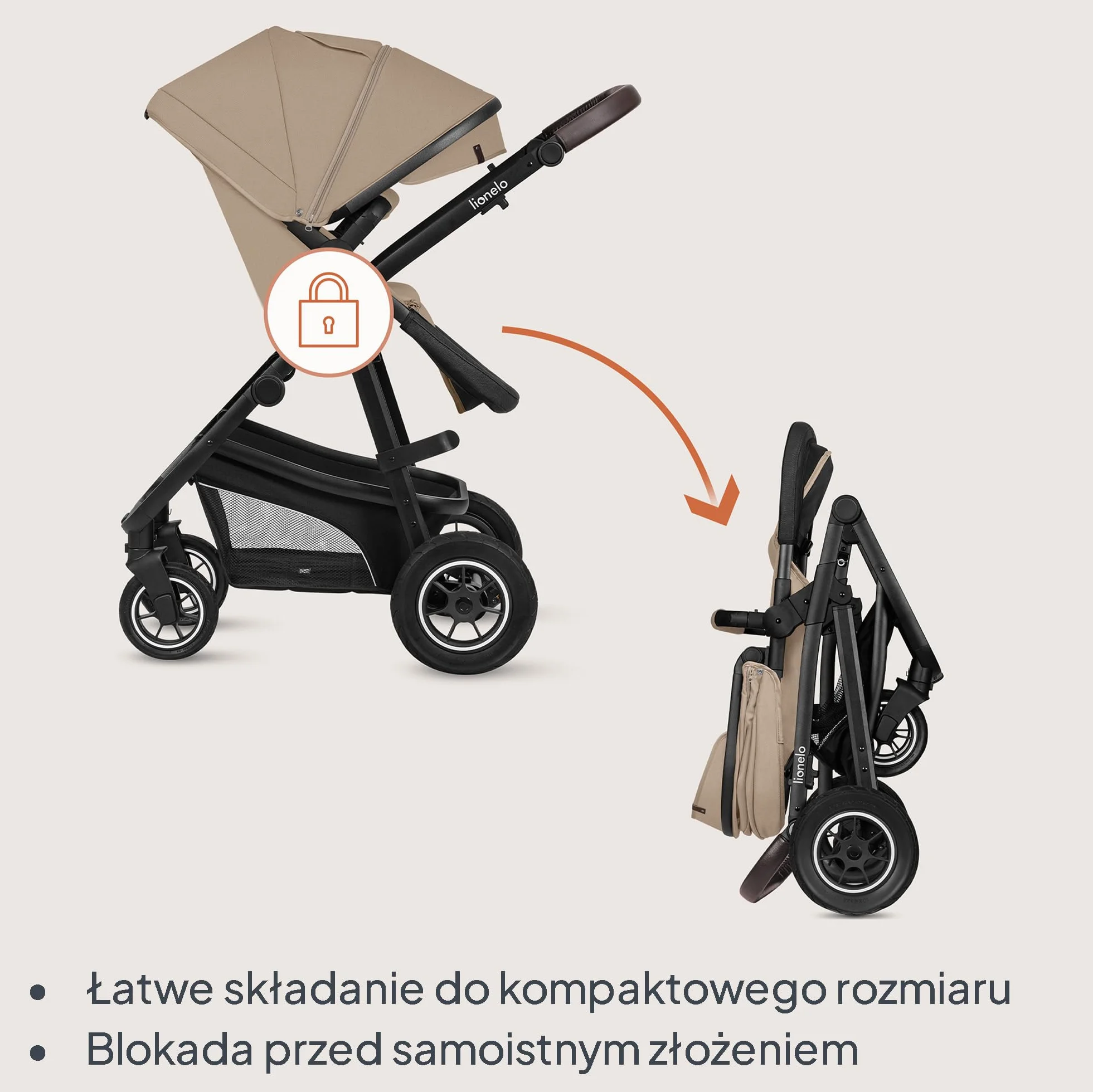 LIONELO BIANKA Wózek Spacerowy Dziecięcy 3 w 1 do 22 kg Gondola Fotelik Samochodowy do 13 kg, Składany, System Podróżny Regulacja Oparcia Koła 360o Amortyzacja, Daszek XXL (Beżowy)