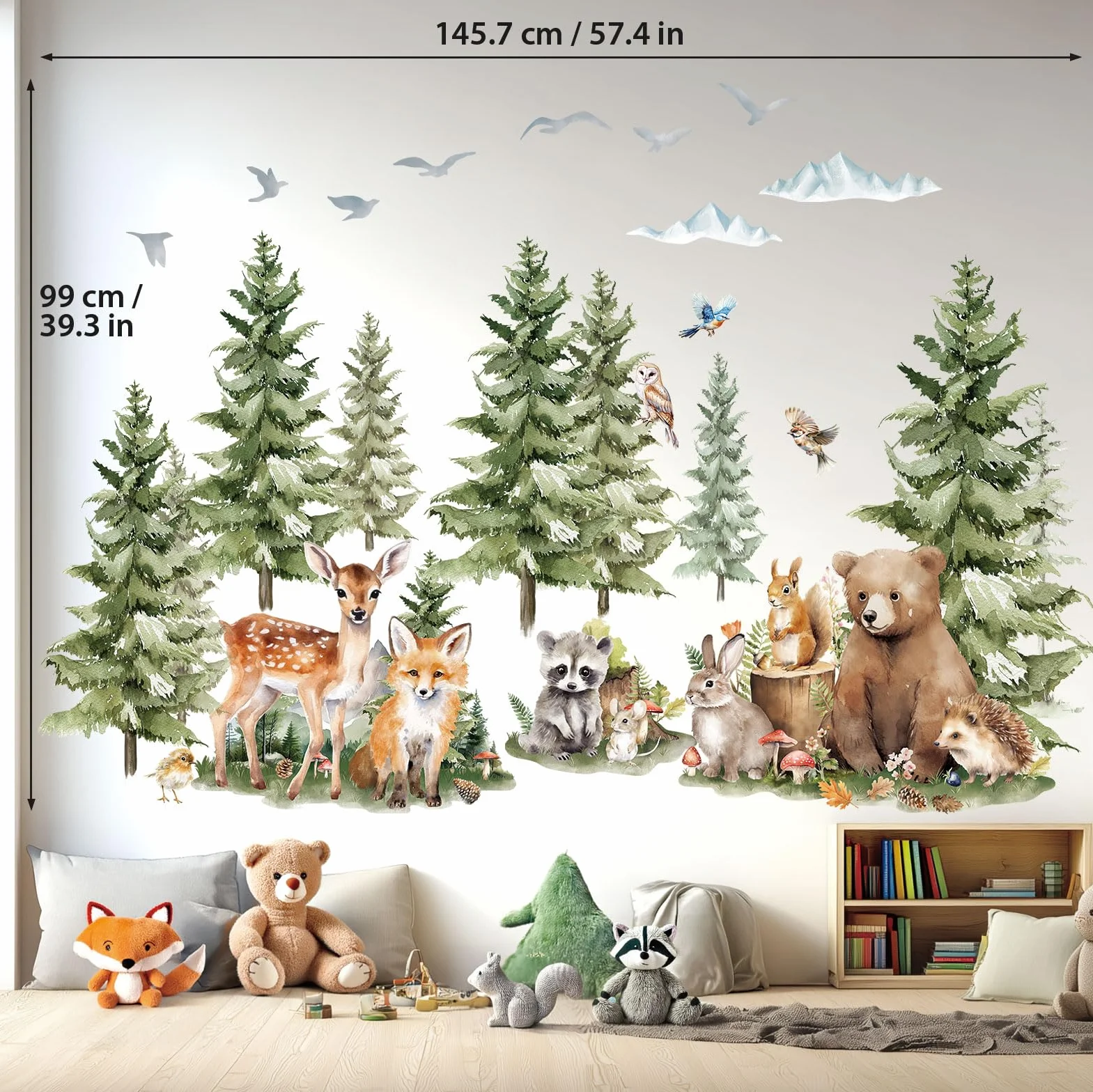 DECOWALL SG4-2422 Naklejki ścienne z sosnami i zwierzętami leśnymi Las górski Zwierzęta leśne Jeleń Lis Naklejki ścienne Przytulny pokój dla dzieci Przedszkole Sypialnia Wystrój pokoju zabaw